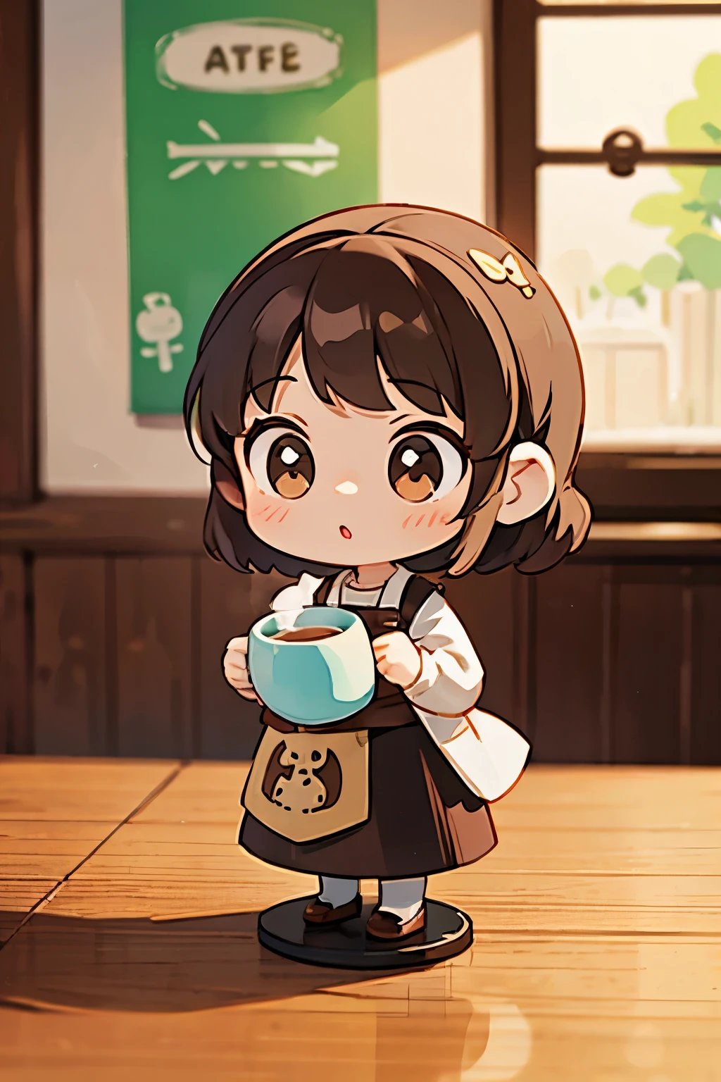 Photoreal、Chibi girl surprised to see artistic cafe latte art