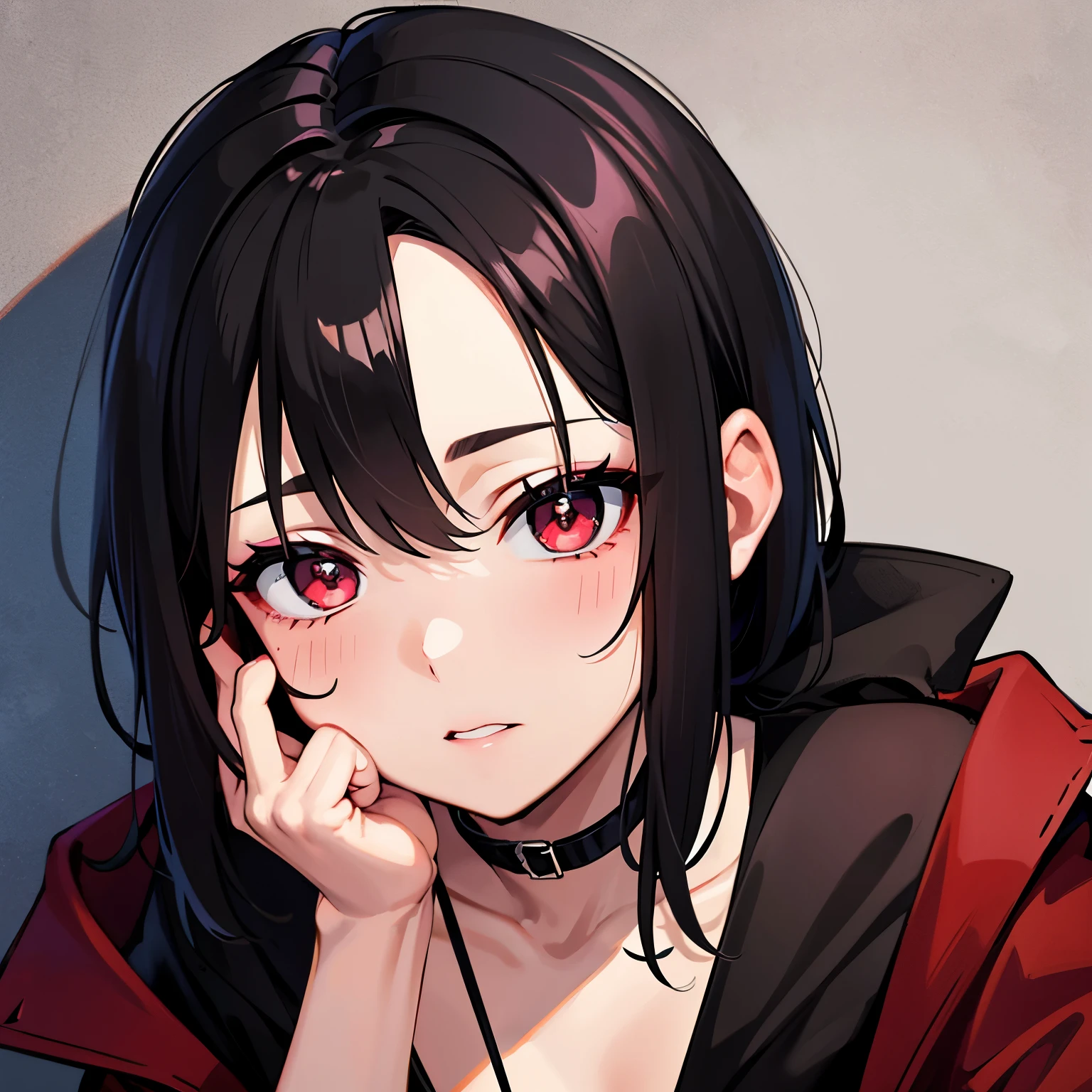 Chico con cabello negro soriente y ojos rojos