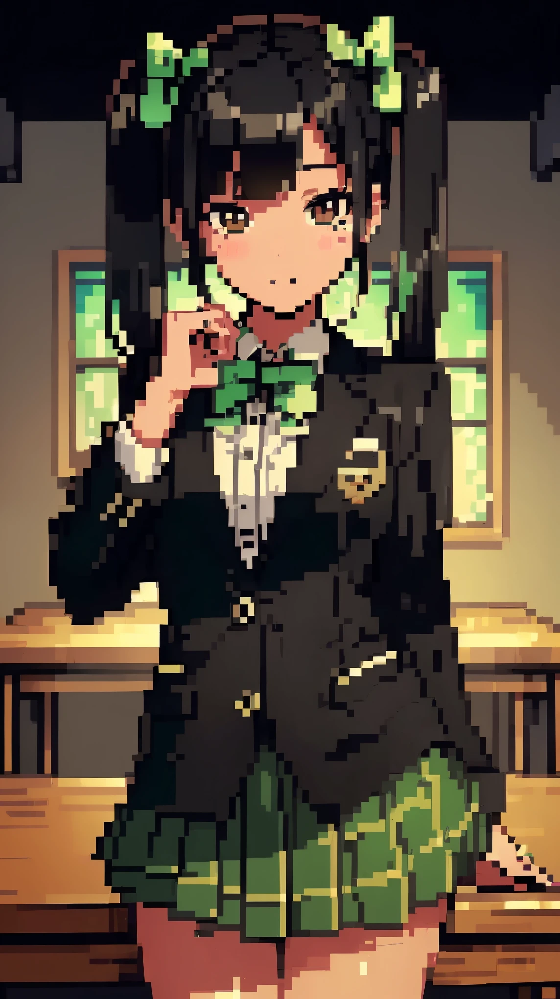 concept:A pixel art piece of a beautiful woman.。 quality:(最高quality, 4k, High resolution, masterpiece:1.2), Super detailed, (real, photorealistic:1.37), illumination:cinematic light, Bright colors and mesmerizing effects, 柔らかく繊細なillumination, gentle shine, Lens flare, Beautiful and gentle atmosphere throughout the scene, Subject information:alone, ((young woman)), (round eyes), (small face), (high detail skin:1.2), long eyelashes, glossy lips, (black hair, Twin tails in a high position, brown eyes), (slim body shape), Highly detailed face and skin texture, (happy expression), ((facing the front:1.2)), (upper glance:1.5, pose for a photo, sexy pose), (((green bow tie, high school uniform:1.2, black jacket, open jacket, white shirt, dark green plaid skirt, seductive thighs))), Other details:white background:1.5, standing pose:1.2, beautiful skin, shiny skin, perfect fingers, five fingers, anatomically correct,