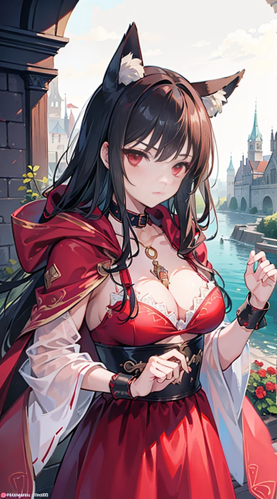 high quality, masterpiece, super detailed, 1 girl, extremely detailed faces,Red lace bikini,red cloak,princess crown,Calm expression,red cloth gag,handcuffs,Collar,long black hair, charming pink eyes, fox ears, castle,garden,waterside,