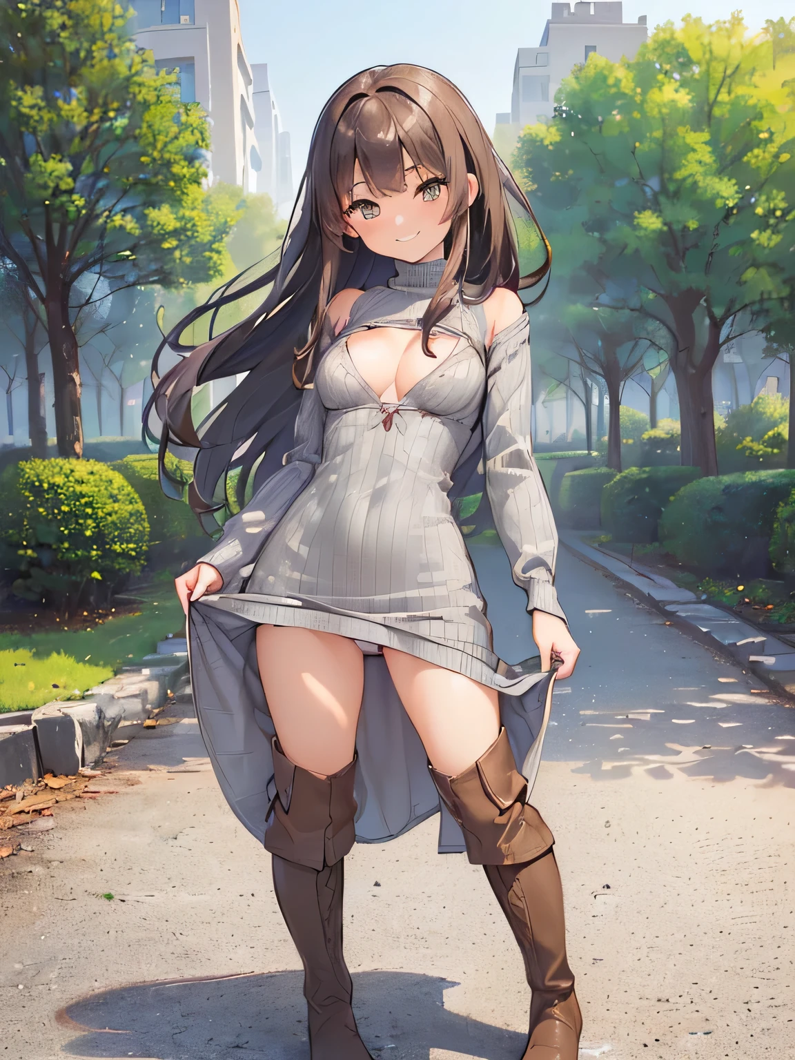 (masterpiece、highest quality、High resolution、realistic pictures、real looking skin:1.1), (She is wearing a tight gray knit minidress with long sleeves。.:1.5), (There is a small gap in the chest of that dress.、I can see the cleavage.:1.5), 1 Japanese woman, beautiful eyes, shining eyes, brown hair, medium long hair, OL, (She is rolling up the hem of her dress by herself..:1.8), (Iのパンティー々I'Iはそれを人に見せています:1.8), (brown long boots:1.8), (fancy pattern panties: 1.5), (provocative and grinning expression:1.5), (Are standing:1.5), (The place is a park:1.5), (full body figure:1.5), NSFW