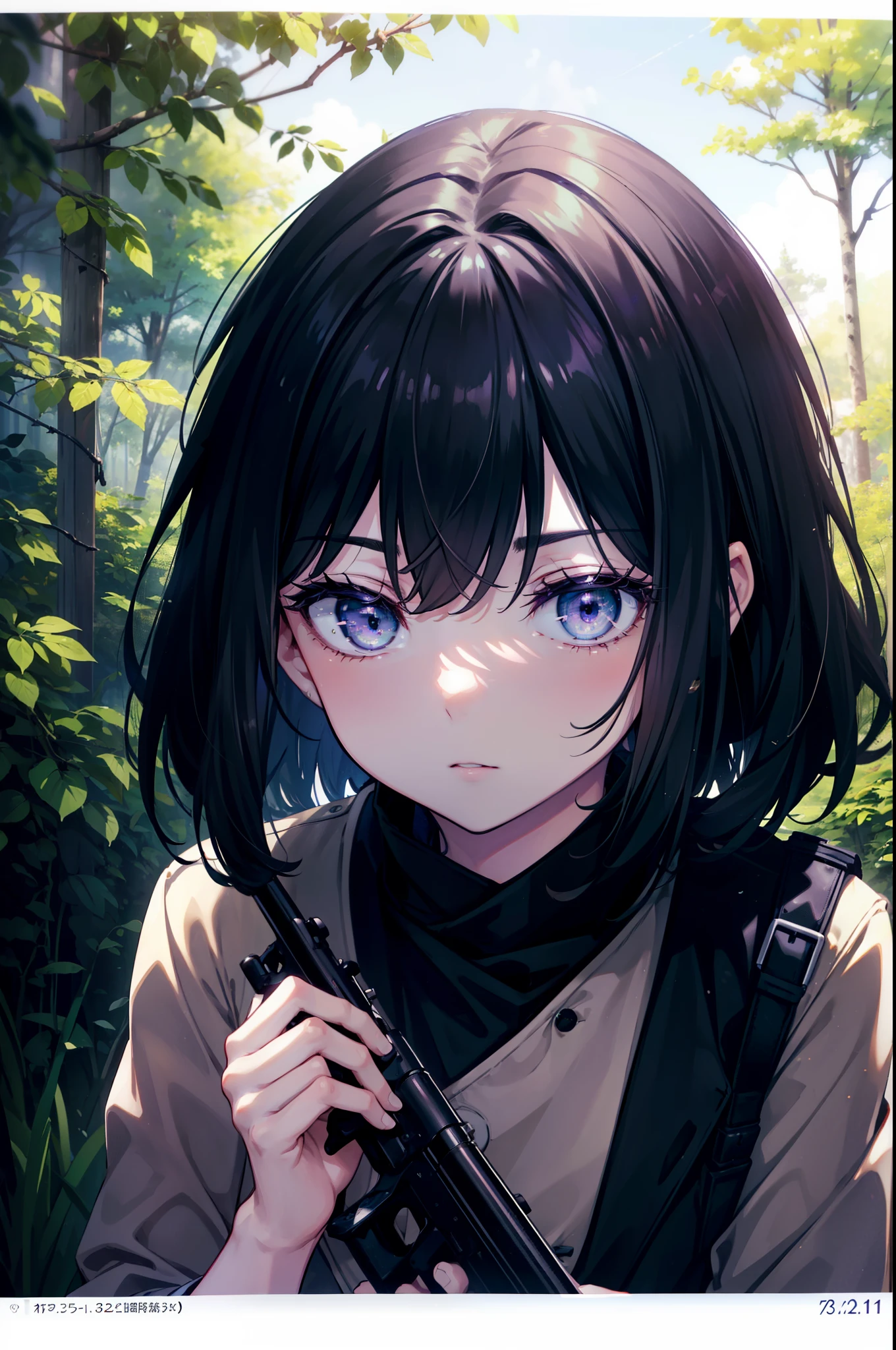 Takiuchi Kame, check it out, short hair, bangs, black hair, (purple eyes:1.2),arms, gun, holding sniper rifle, camouflage,sniper rifle, holding, holding sniper, 50caliber, camouflage, uniform,
break outdoors, forest,forest林,dense forest,
break looking at viewer, (cowboy shot:1.5),
break (masterpiece:1.2), highest quality, High resolution, unity 8k wallpaper, (figure:0.8), (detailed and beautiful eyes:1.6), highly detailed face, perfect lighting, Very detailed CG, (perfect hands, perfect anatomy),