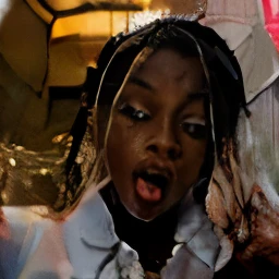 Beautiful ebony girl, very dark skin, big lips, wide open eyes, Wide open mouth, tongue out, drooling saliva, Messy face, ahegao orgasm. Wearing a wet white collared shirt long-sleeved strictly buttoned up. Wet, drenched, transparent, Soaked, seethrough. Pissing 