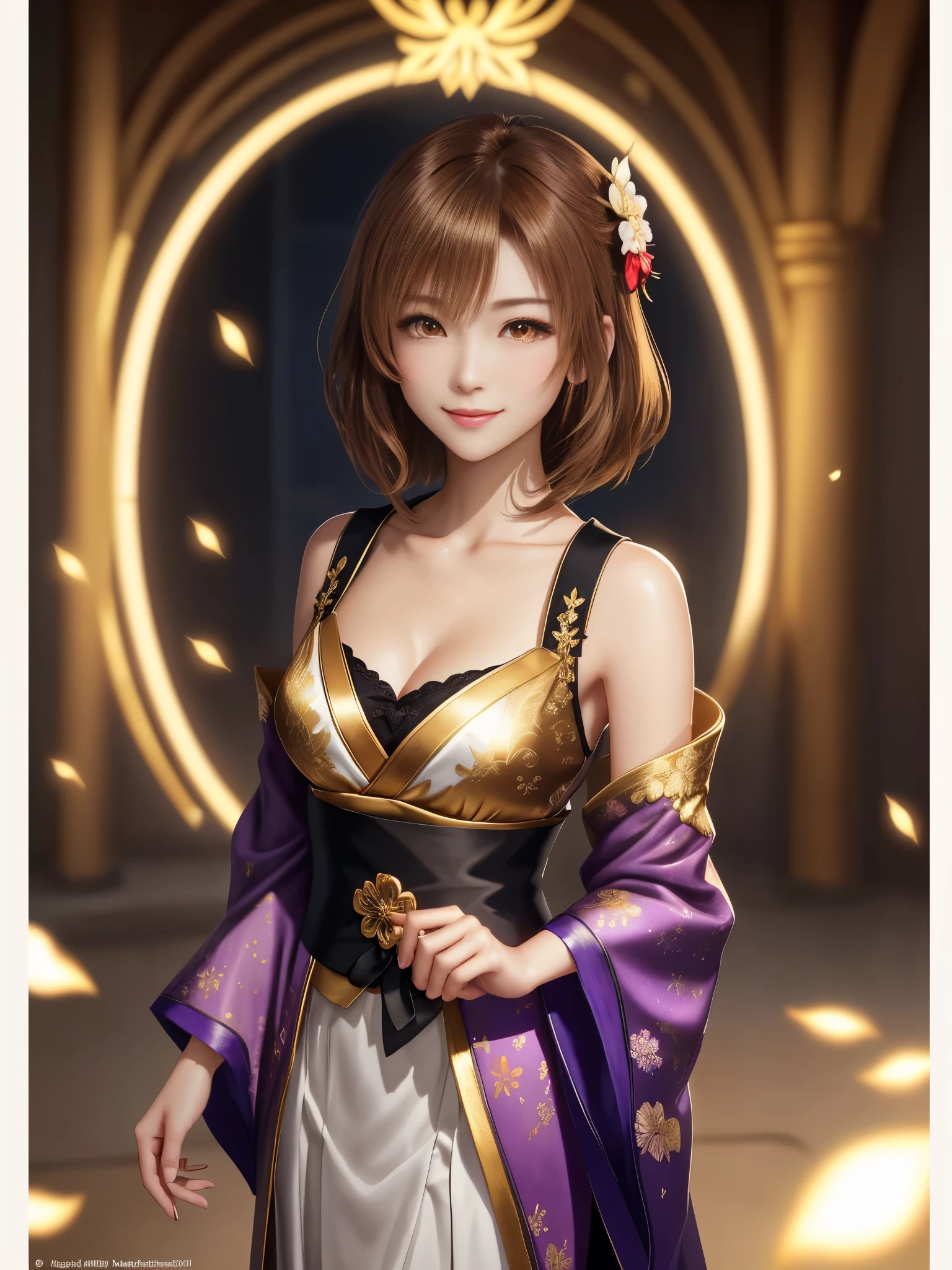 masterpiece , best quality,smile,smile,small face,shoulder exposure,golden kimono,less cleavage exposure,light brown hair,beautifully curled hair,slender body shape,brown eyes,Contrast faithfully reproduced,short hair,Beautiful short hair,Berry Short,short cut hair,just one person,precision quality,Faithfully reproduced eyes, The surroundings are shining gold,golden aura around the body,golden shining background,masterpiece,night,nightの背景,golden background,cherry blossom background,beautiful details, colorful, delicate details, delicate lips, intricate details, genuine, ultrargenuineista, 枝に座っている色とりどりの髪のFoxを持つ女の子:Mature, bright eyes, ,色とりどりのFox, raposa de nine tails, 三尾Fox, 三尾Fox, onmyoji detail art, beautiful fine art illustration, mythical creatures, Fox, beautiful digital art,shrine maiden,hold hands,exquisite digital illustration, mizutsune, Inspired by mythical wild web creatures, pixiv in digital art, shining light, high contrast, Mysterious,