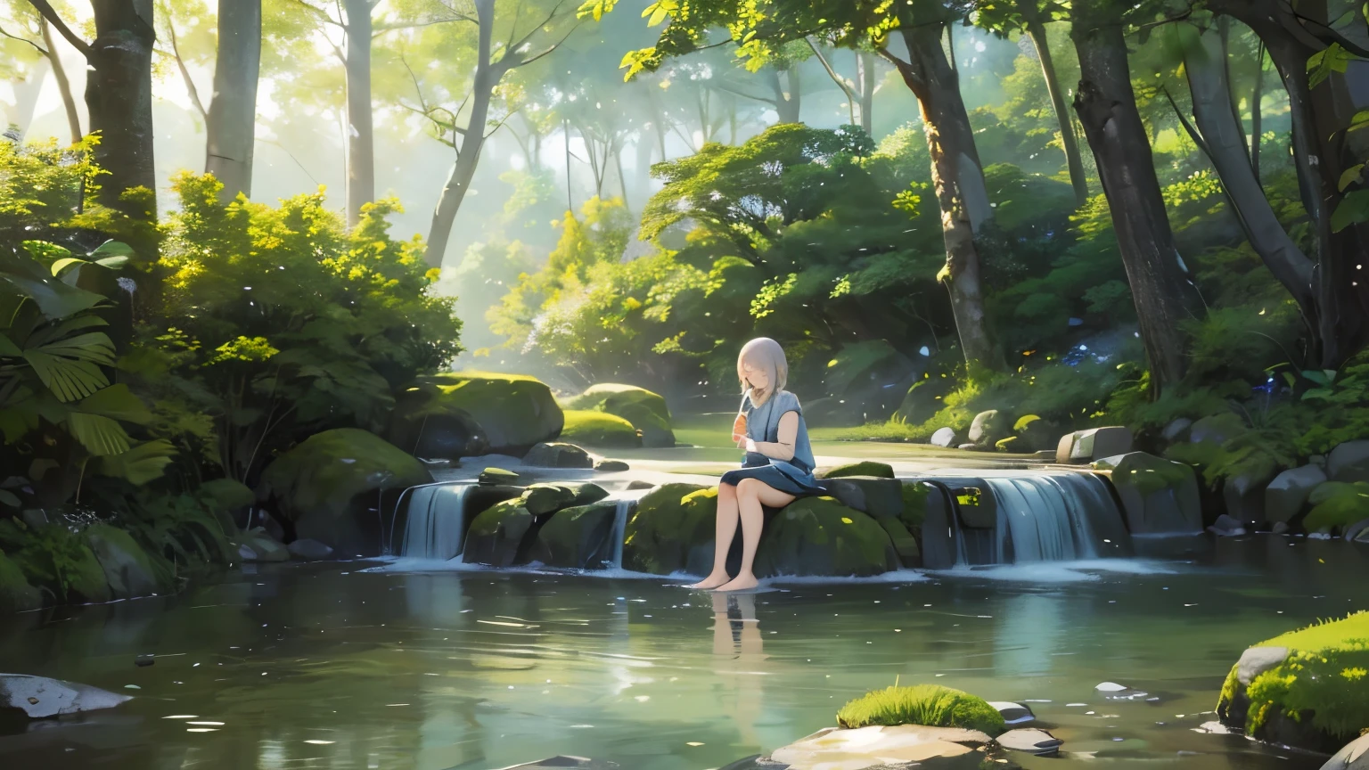 I took photos of a peaceful moment spent in nature.。wood々Imagine a peaceful landscape with soft morning light shining through the space.。A calm stream meandering、Surrounded by lush greenery。In the foreground、people sitting quietly on the bank、Are you meditating?、Perhaps they are simply soaking in the calmness of their surroundings.。The overall atmosphere is calm and connected to the natural world.、Highlights the beauty and peace of outdoor moments。






