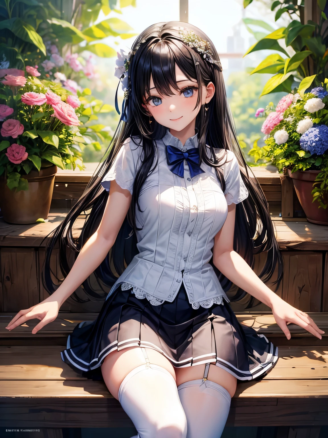 ((masterpiece、Super detailed、intricate detailedium quality、An illustration))、1 girl、solo、high resolution、look at viewer、black hair、long hair、wave roll、smile、Wearing a T-shirt、wearing long white stockings、wear short skirts、street、Cherry tree、petals dance、play piano、sunlight shines in、solar system、feminine、powerful、beautiful、Detailed