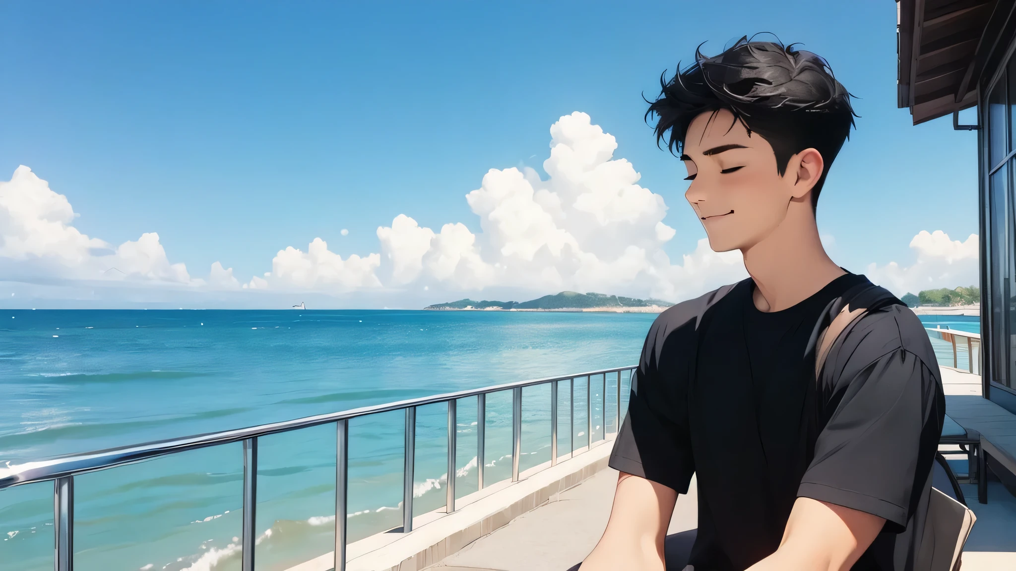 best quality, masterpiece, detailed, very short black hair, closed eyes, a smile all over one's mouth, 1man, male, 20 year old, animelook, black tshirt, further away from viewer, Cloud and Sky Background