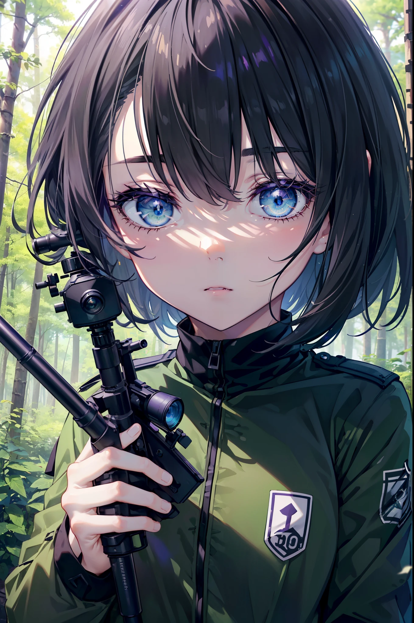 Takiuchi Kame, check it out, short hair, bangs,  black hair, (purple eyes:1.2),((sniper rifleを構える)), ((Bolt-Action Rifles),arms, gun, holding sniper rifle, camouflage,sniper rifle, holding, holding sniper, 50caliber,  camouflage, uniform, 
break outdoors, forest,forest林,dense forest,
break looking at viewer, (cowboy shot:1.5),
break (masterpiece:1.2), highest quality, High resolution, unity 8k wallpaper, (figure:0.8), (detailed and beautiful eyes:1.6), highly detailed face, perfect lighting, Very detailed CG, (perfect hands, perfect anatomy),