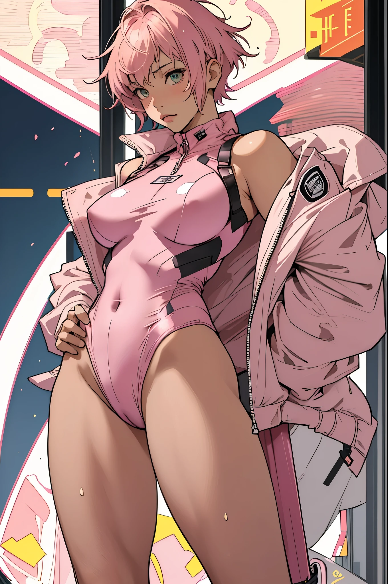 masterpiece, highest quality, High resolution, 1 girl, ticker, short hair, big breasts, race_Queen,pink leotard, Jacket, embarrassing,closed mouth, field, 