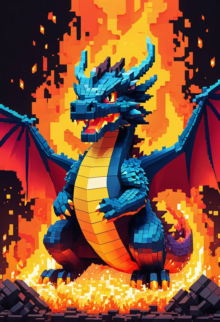 A pixel art dragon (blocky) breathes fire, a video game title in the flames