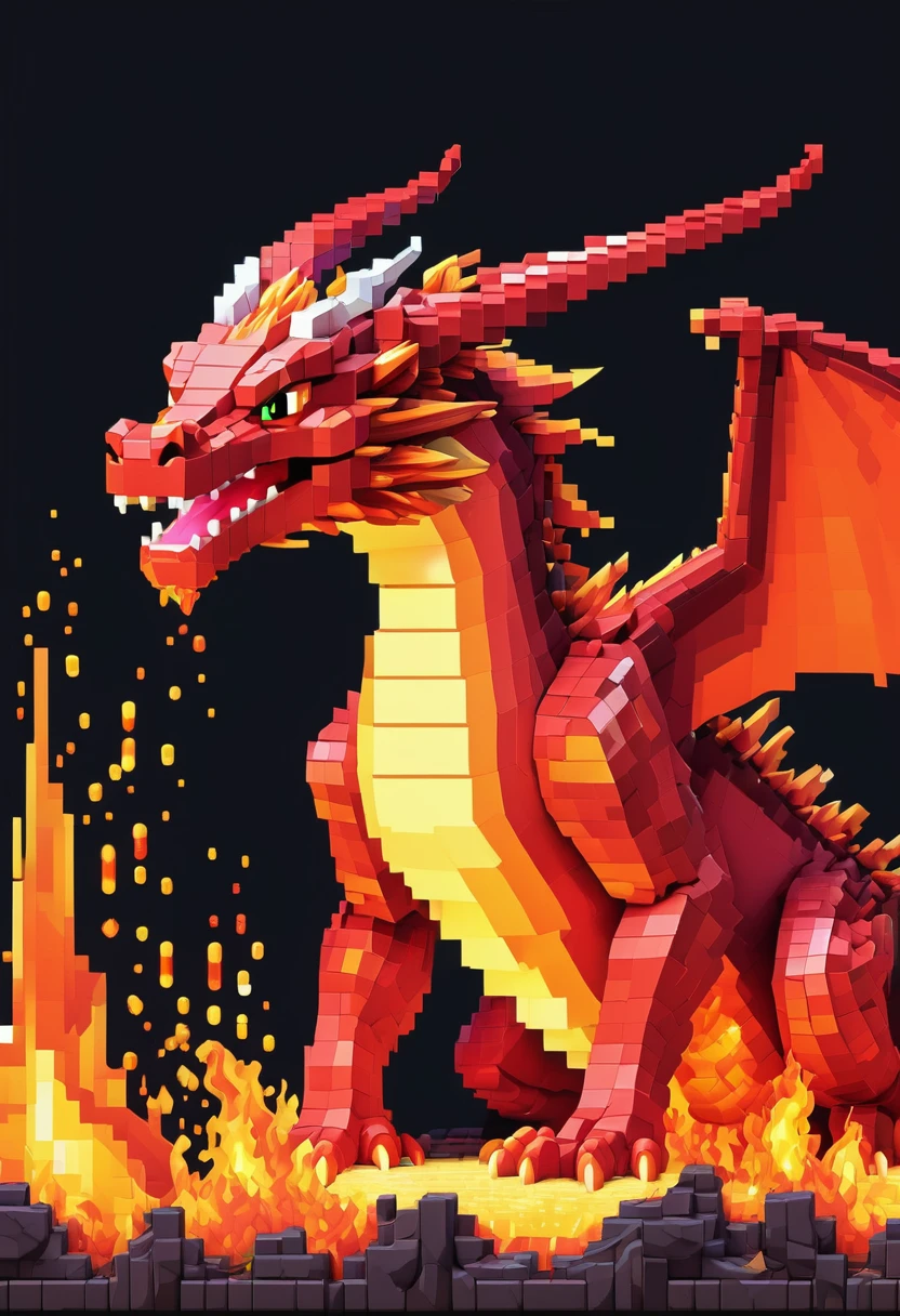 A pixel art dragon (blocky) breathes fire, a video game title in the flames