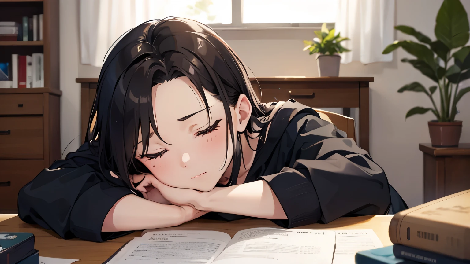 On the desk, Depressed, 18 years old, Female, Sleeping, Room, Anime style, Eyes closed