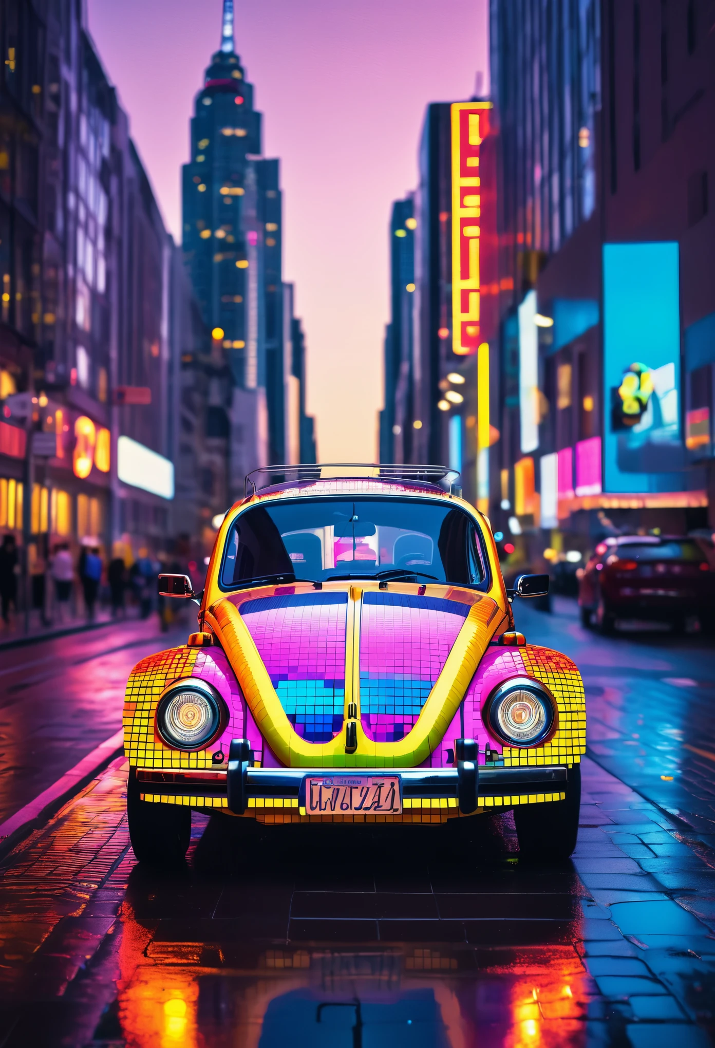 Photography of Volkswagen Beetle in pixelated style, Decorated with bright colors and pixelated decals，Reminiscent of iconic video games. Car parked on busy pixelated city street, Surrounded by pixelated skyscrapers and flashing neon lights. The composition captures the beetle from a low angle, Highlighting its smooth lines and retro charm. , The image evokes a playful and adventurous. Attention to detail and pixel-perfect design make this photo a visual treat