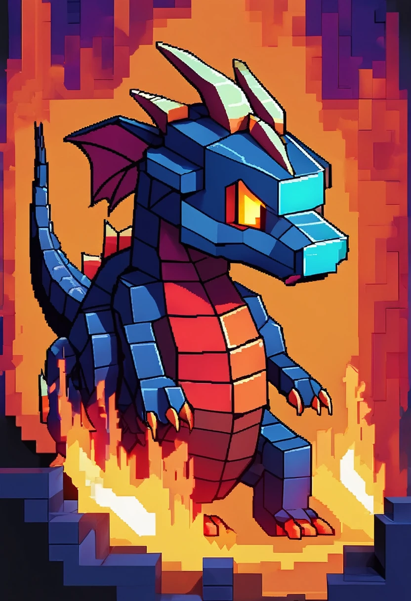 A pixel art dragon (blocky) breathes fire, a video game title in the flames