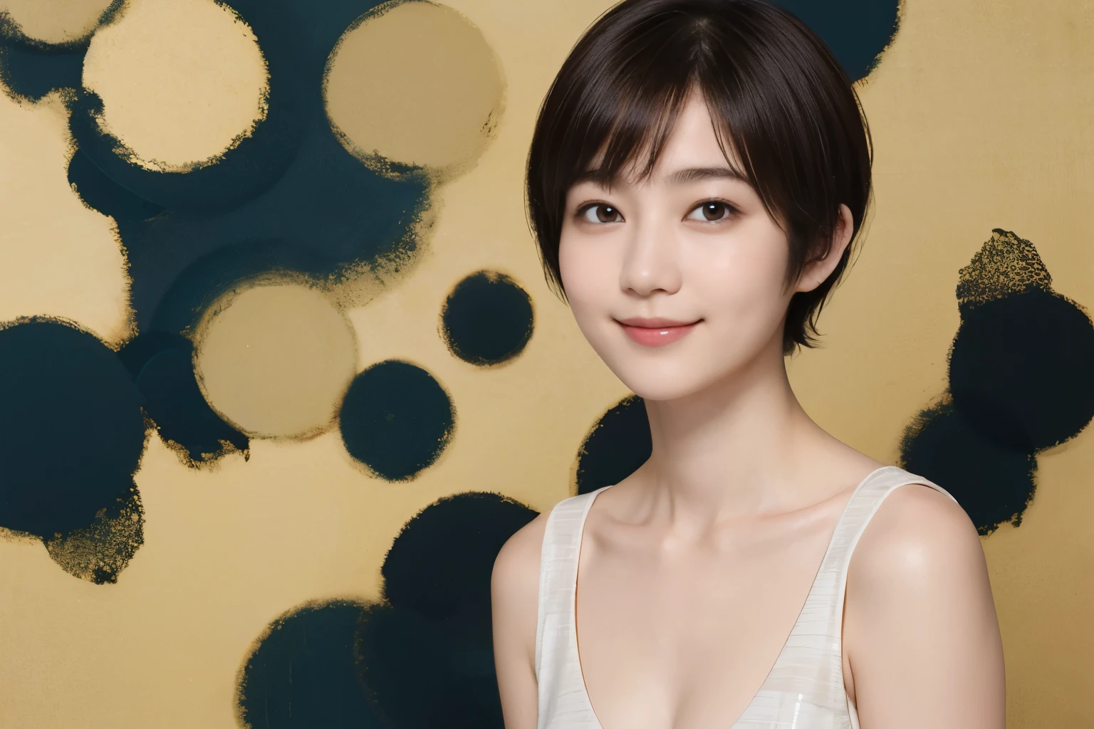 179 Short hair, 20 year old woman, gentle smile, (abstract background:1.46), chest:1.2
