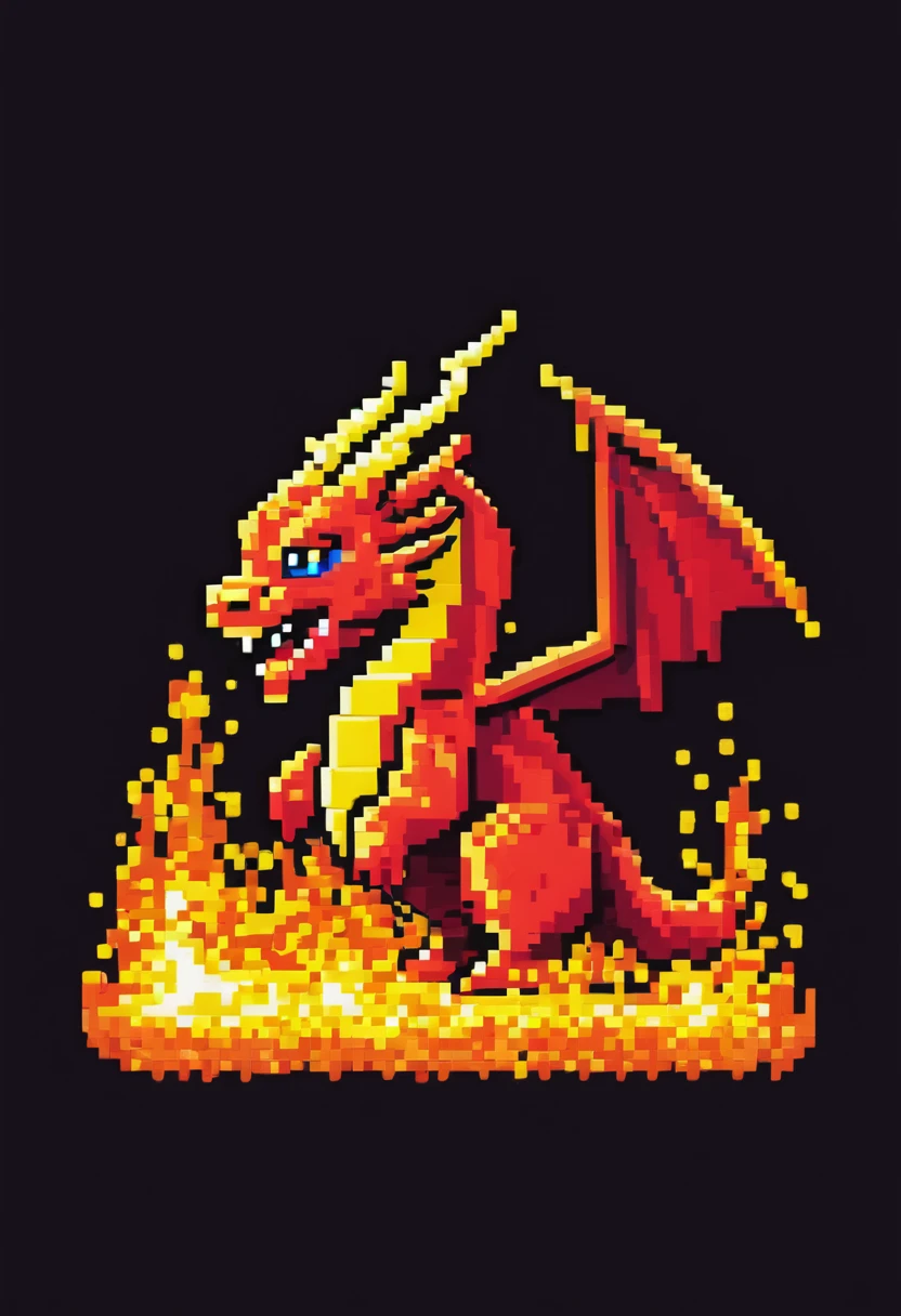 A pixel art dragon (blocky) breathes fire, a video game title in the flames
