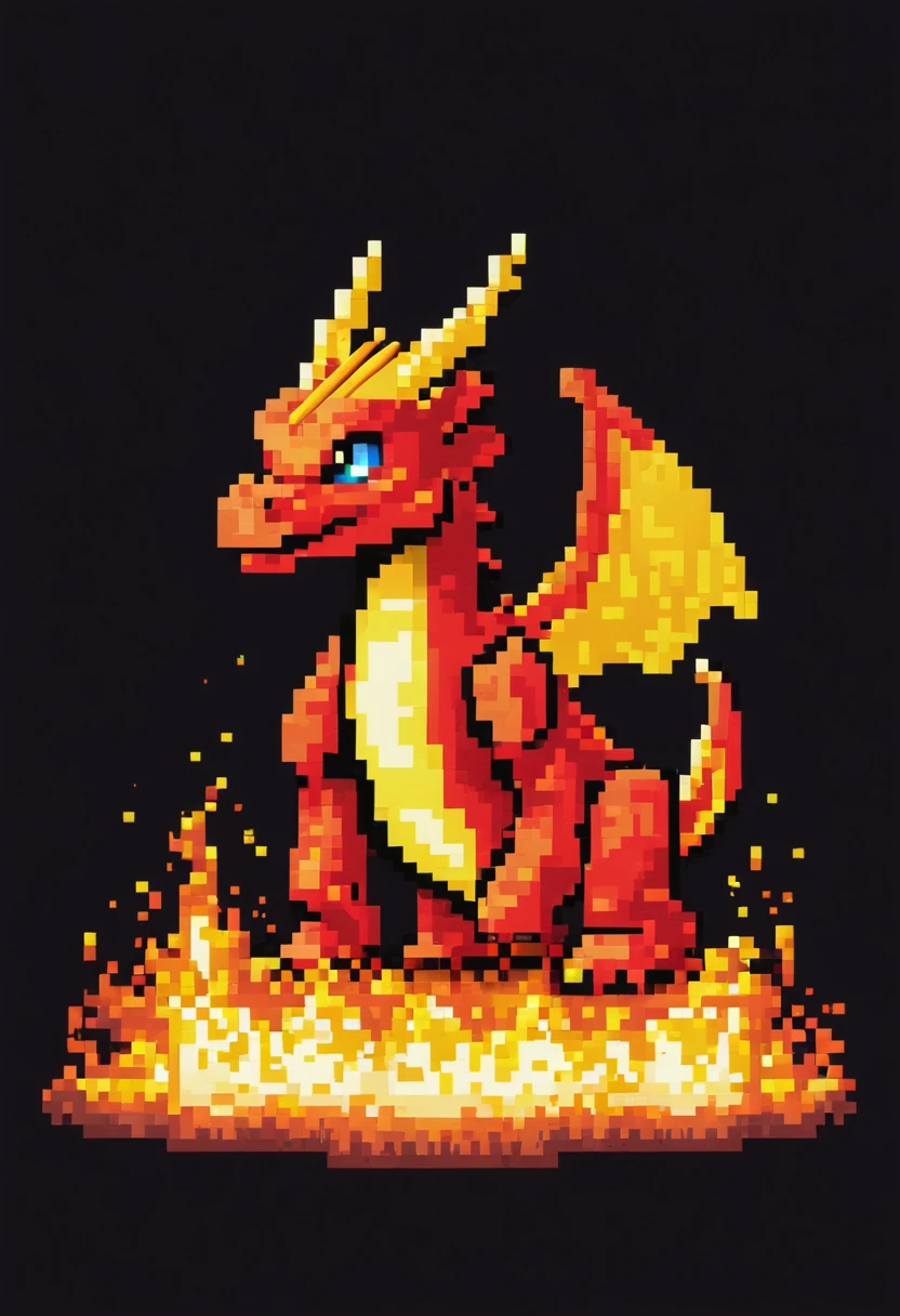 A pixel art dragon (blocky) breathes fire, a video game title in the flames