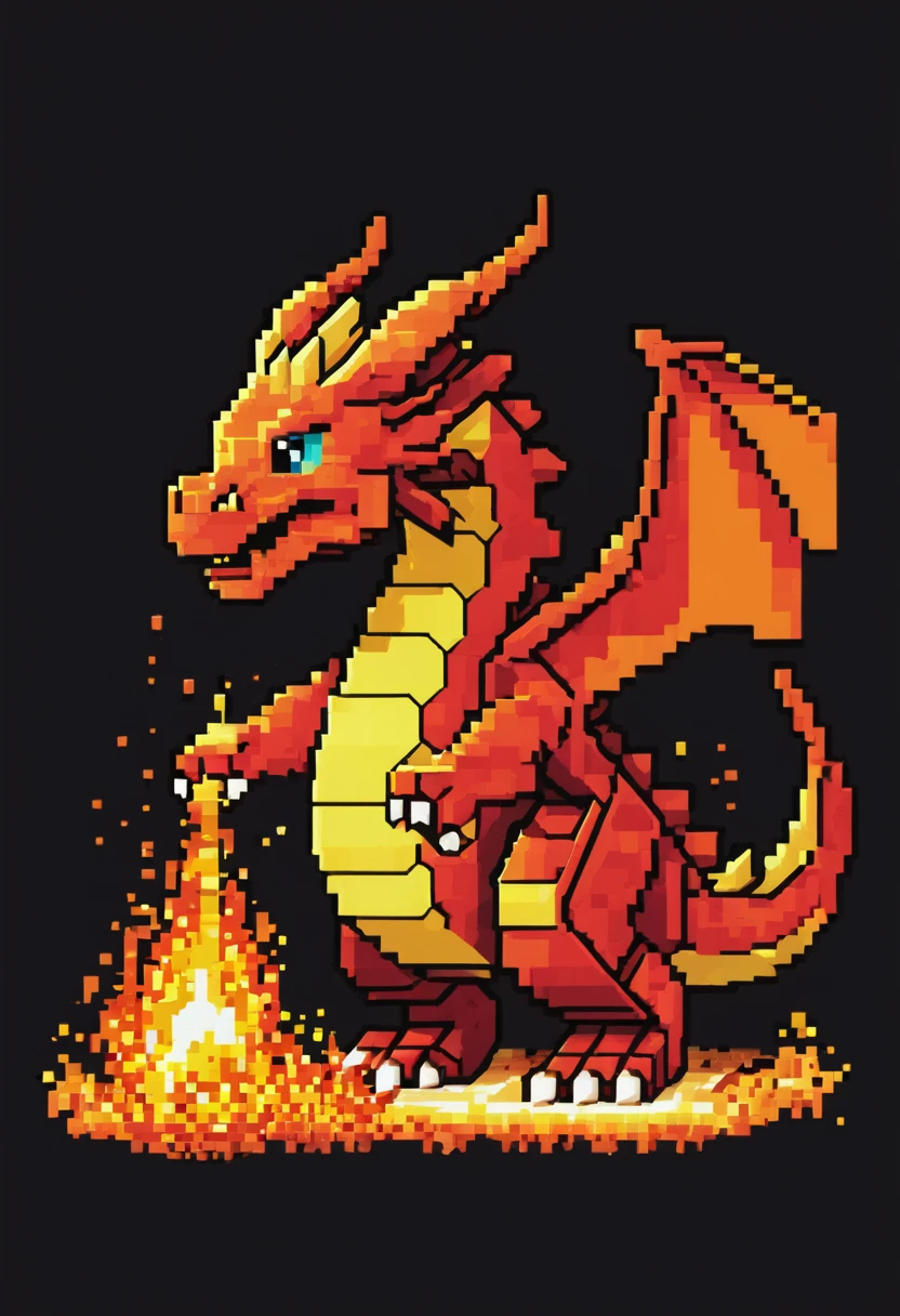 A pixel art dragon (blocky) breathes fire, a video game title in the flames
