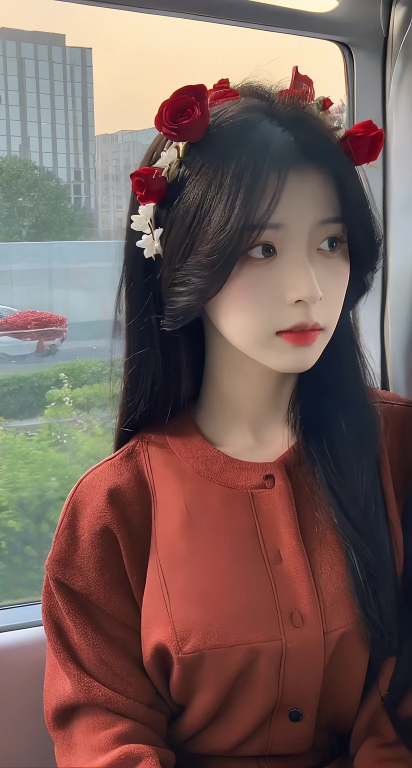 1girl,solo,long hair,looking at viewer,skirt,black hair,sitting,flower,parted lips,blurry,lips,window,rose,bug,butterfly,realistic