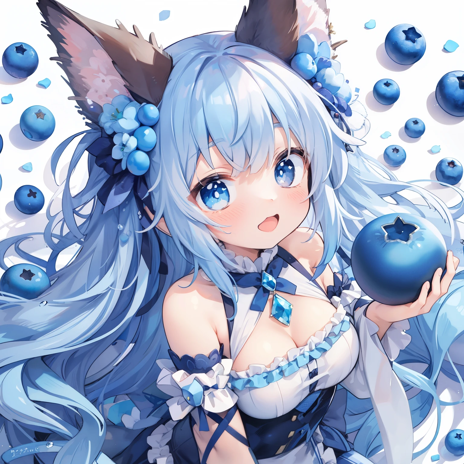 pastel watercolor anime、[anime girl with long blue hair and wild boar ears holding a big blueberry,fullbody,squatting, girl、jewel eyes、beautiful arrangements and motifs、written boundary depth、flat avatar, 1girl, smile, light blue hair((Wild boar ears wavy hair growing on the head))、The tips of the wild boar’s ears are blue、blue object、blue hair tips, Fashionable design clothes((blue and white)),background white, cute girl、blue theme、blueberry juice、a lot of big blueberries、blueberry hair ornament]、anime girl with blue hair and blue eyes holding a blue ball, very beautiful anime cat girl, beautiful anime catgirl, splash art anime , cute anime catgirl, detailed anime art, detailed digital anime art, clean detailed anime art, detailed anime artwork, anime style 4 k, 8k high quality detailed art, trending on artstation pixiv