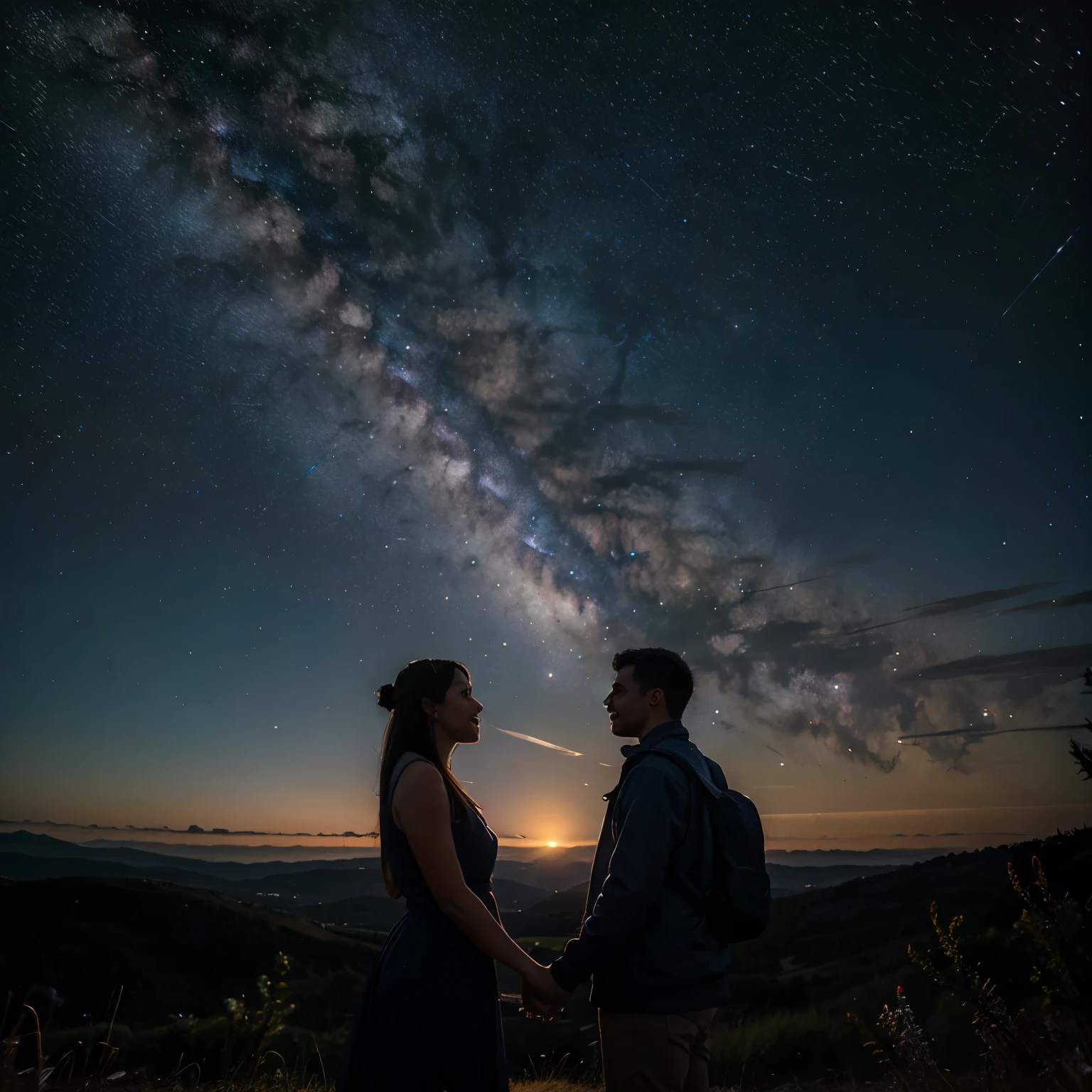 Couple looking at the milky way holding hands