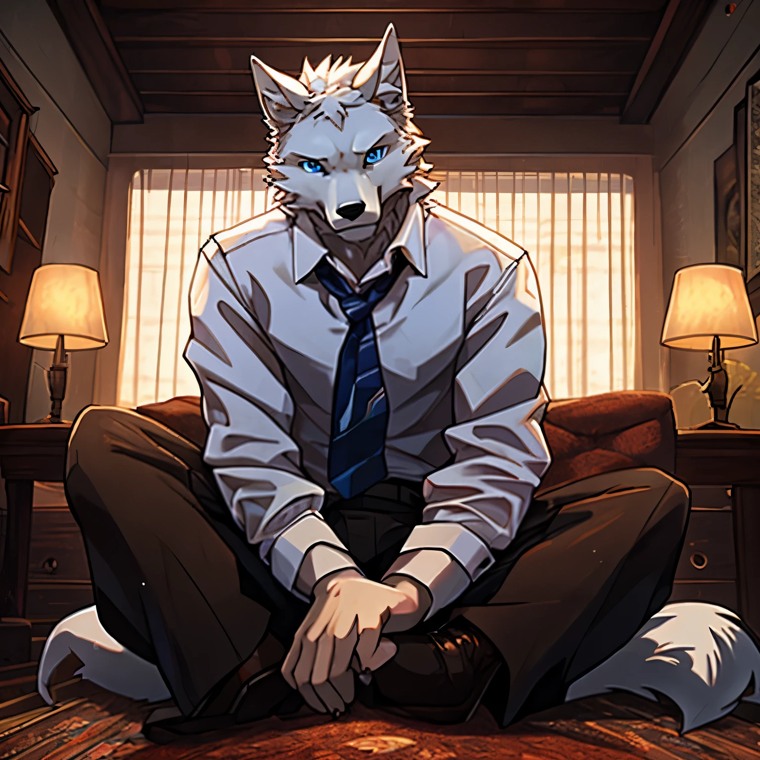 best quality, masterpiece, blue eyes, white fur,white wolf,White shirt unbuttoned,sit on the floor,Crying and looking at the screen,Room in the background,The room did not have lights on,Dimly lit