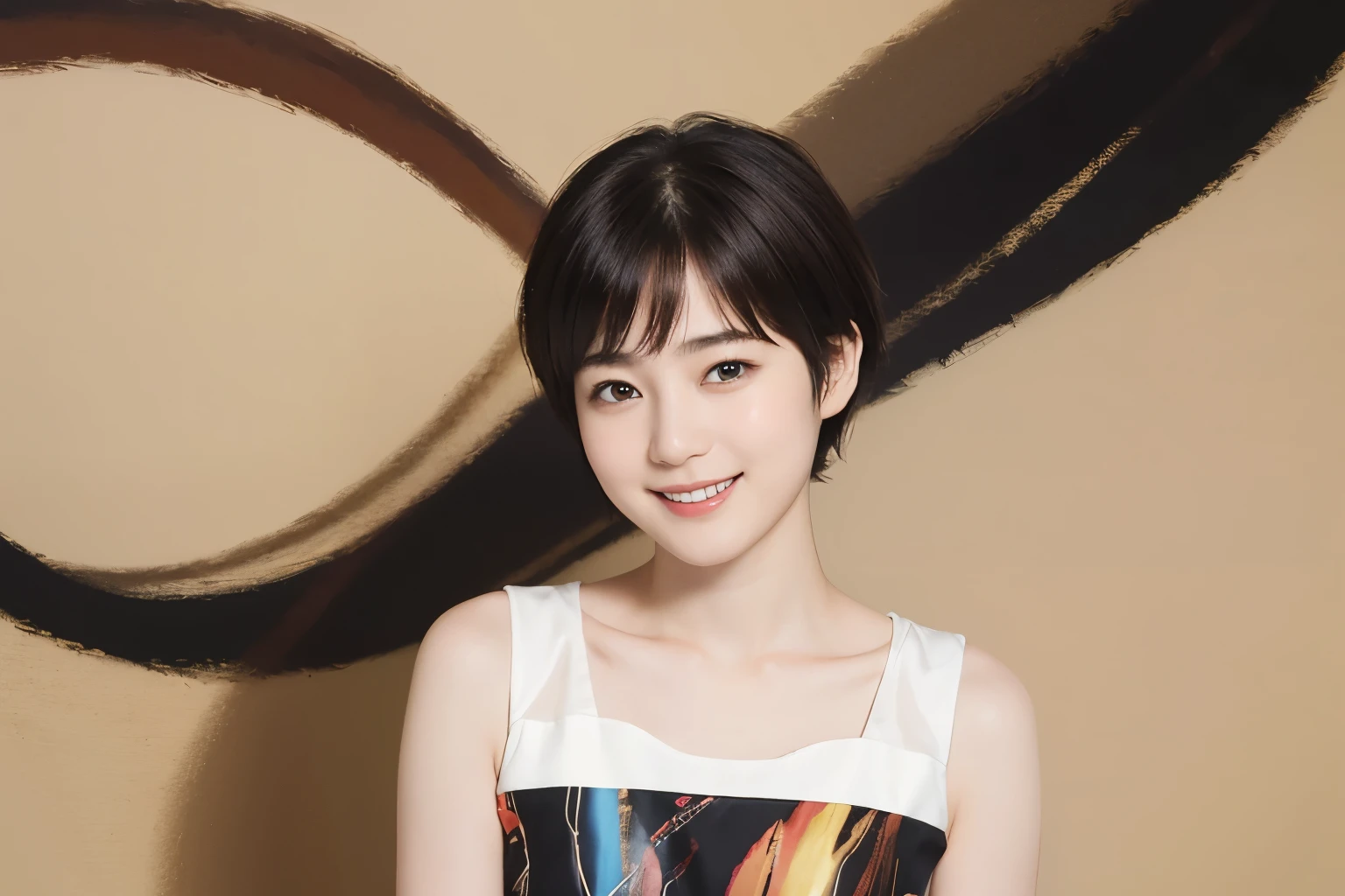 179 Short hair, 20 year old woman, gentle smile, (abstract background:1.46), chest:1.2