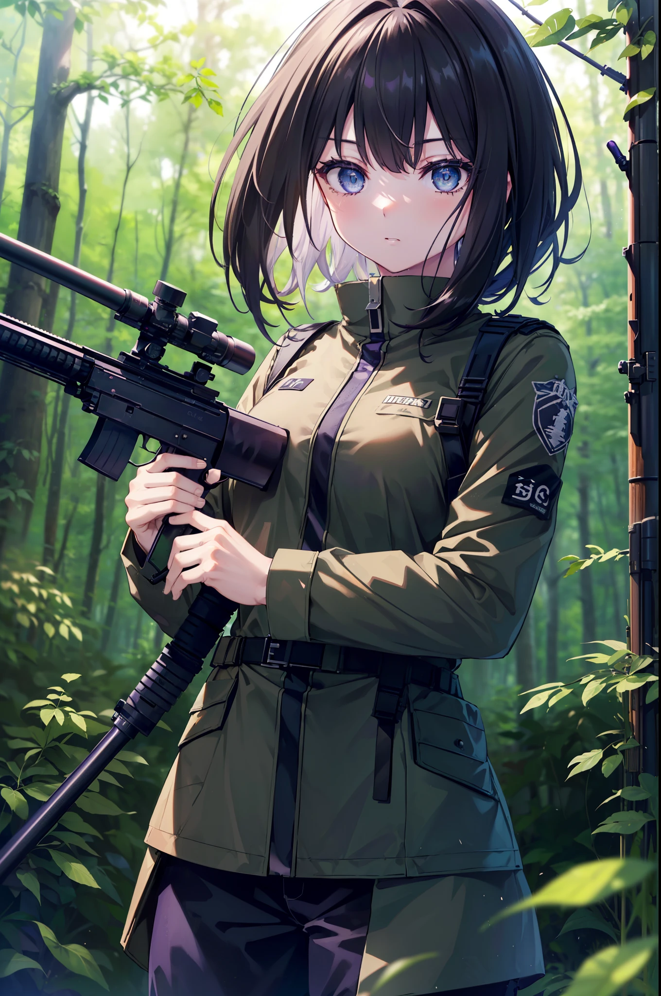 Takiuchi Kame, check it out, short hair, bangs,  black hair, (purple eyes:1.2),((sniper rifleを構える)), ((Bolt-Action Rifles),arms, gun, holding sniper rifle, camouflage,sniper rifle, holding, holding sniper, 50caliber,  camouflage, uniform, 
break outdoors, forest,forest林,dense forest,
break looking at viewer, (cowboy shot:1.5),
break (masterpiece:1.2), highest quality, High resolution, unity 8k wallpaper, (figure:0.8), (detailed and beautiful eyes:1.6), highly detailed face, perfect lighting, Very detailed CG, (perfect hands, perfect anatomy),