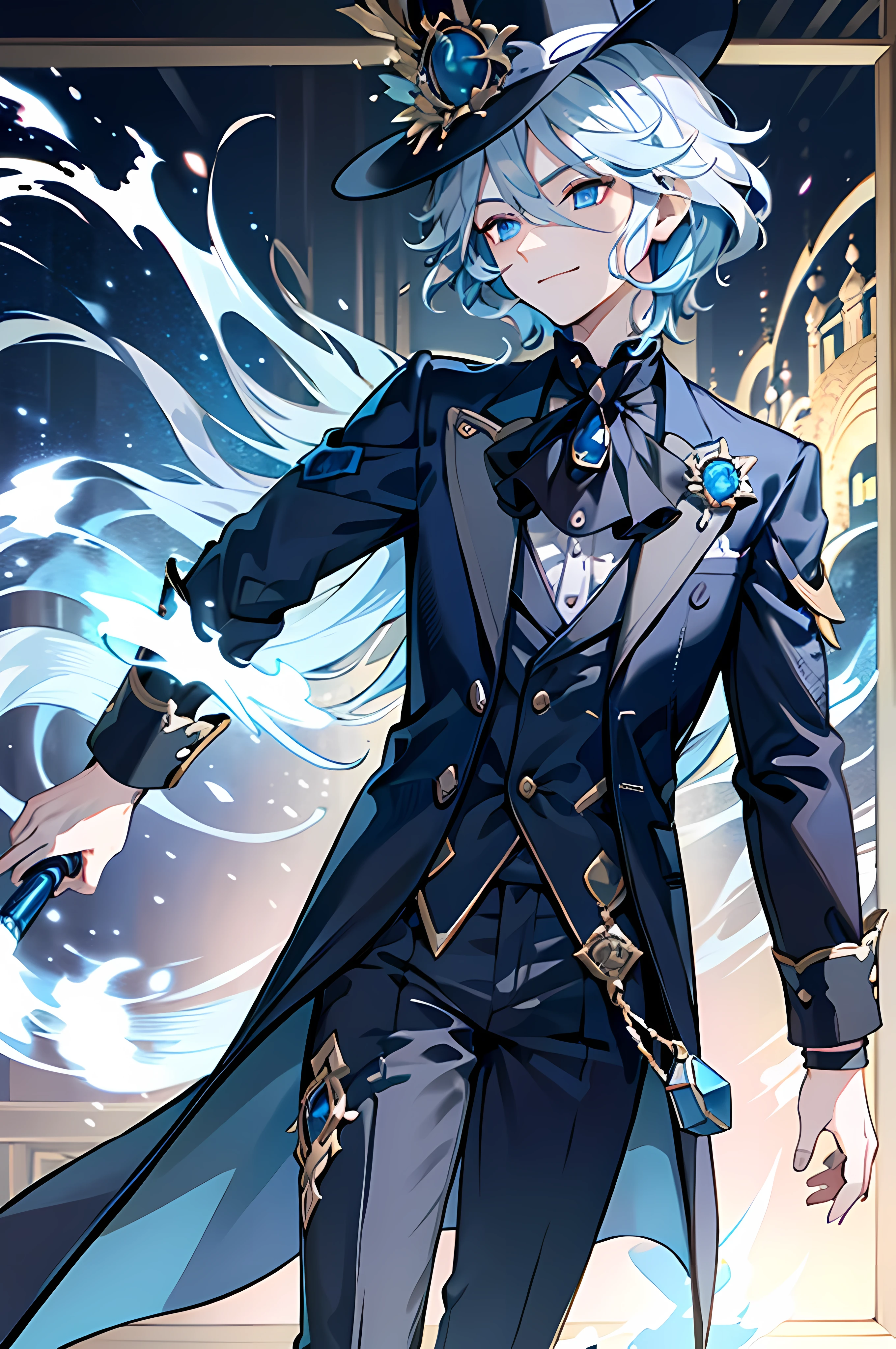 1.5, best quality, high quality, High definition, High quality texture, high detail, beautiful detailed, finely detailed, extremely detailed cg, detailed texture, 1man, boy, male, ((hydro god)), archon, extraordinarily powerful water abilities, dark blue top hat with accents, dark blue long coat, pants, circular sunglasses, light blue hair, short hair, wavy hair, smirking, formal clothing