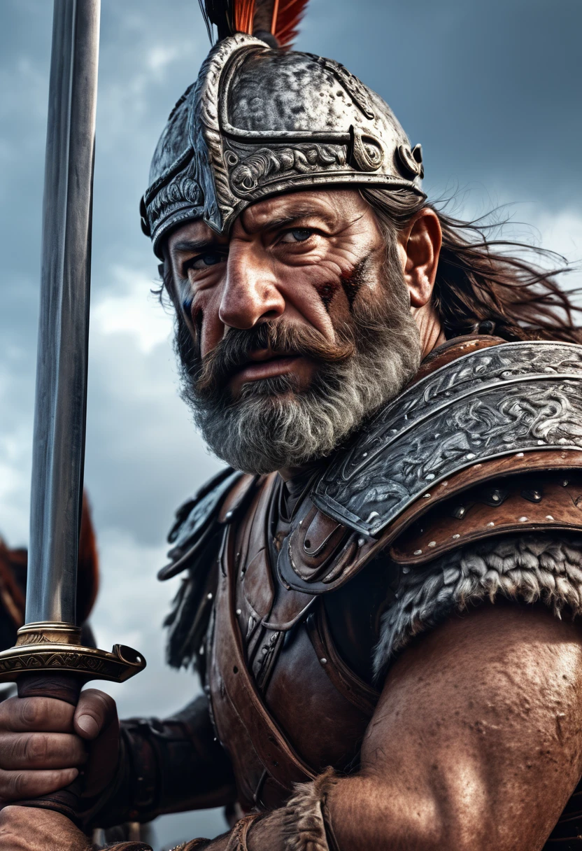 hyper realistic portrait of a barbarian warrior mounted in a horse,raising a sword on a battlefield, 32k resolution,  ultra detailed an insane skin texture, gtainy, intricated details, Steven Spielberg style, cinematic light, epic masterpiece 