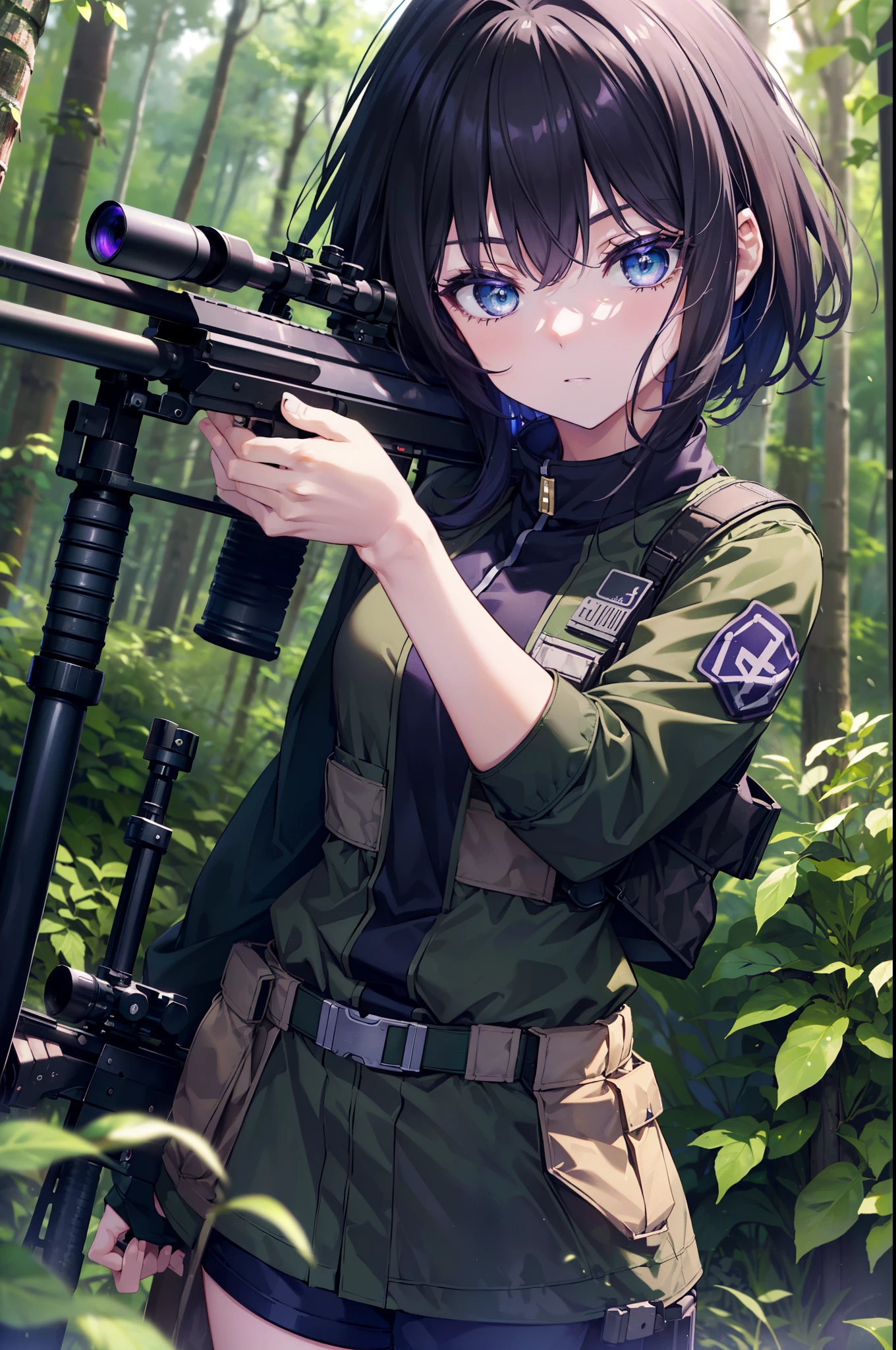 Takiuchi Kame, check it out, short hair, bangs,  black hair, (purple eyes:1.2),((sniper rifleを構える)), ((Bolt-Action Rifles),arms, gun, holding sniper rifle, camouflage,sniper rifle, holding, holding sniper, 50caliber,  camouflage, uniform, 
break outdoors, forest,forest林,dense forest,
break looking at viewer, (cowboy shot:1.5),
break (masterpiece:1.2), highest quality, High resolution, unity 8k wallpaper, (figure:0.8), (detailed and beautiful eyes:1.6), highly detailed face, perfect lighting, Very detailed CG, (perfect hands, perfect anatomy),