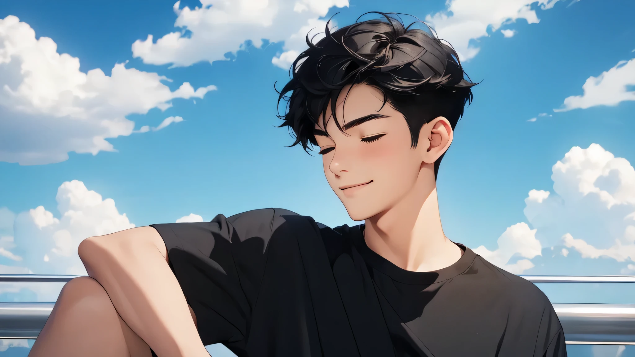 best quality, masterpiece, detailed, very short black hair, closed eyes, a smile all over one's mouth, 1man, male, 20 year old, animelook, black tshirt, further away from viewer, Cloud and Sky Background