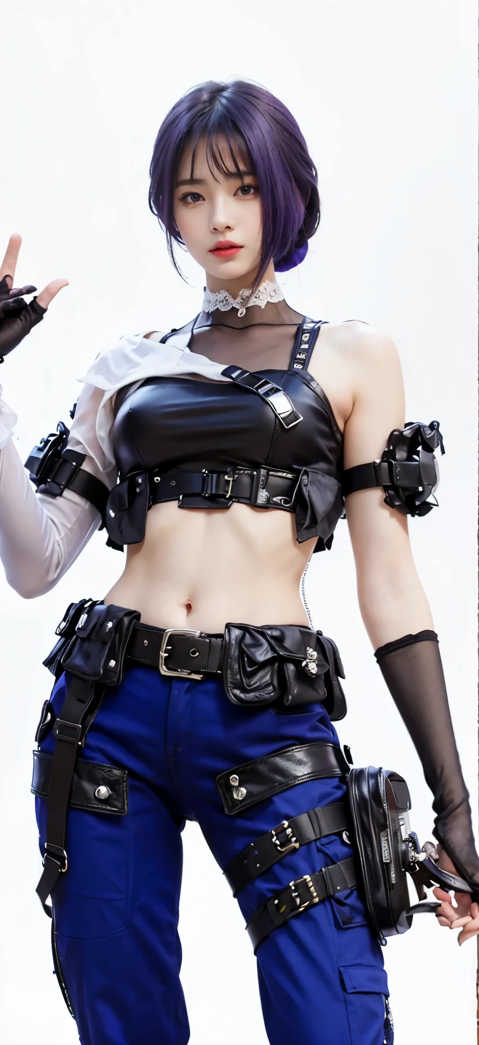 Top Quality, Ultra High Definition, (backlight), (Photorealistic: 1.4), (cowboy shot:1), 1 Beautiful Girl, (Kpop Idol), Detailed Face, (Hair Style: Pink:1, fullbang, shortbob-style:1), Contrapposto, Perfect Anatomy, Smooth Skin, Professional Lighting, ((wearing Futuristic Police Racing Suits, low-mini-skirt, police wappen, High-tech Headset, military harness, gunholster, racing gloves, handgun)), (Cloths colors based on silver pink black white), (background, backstrage,