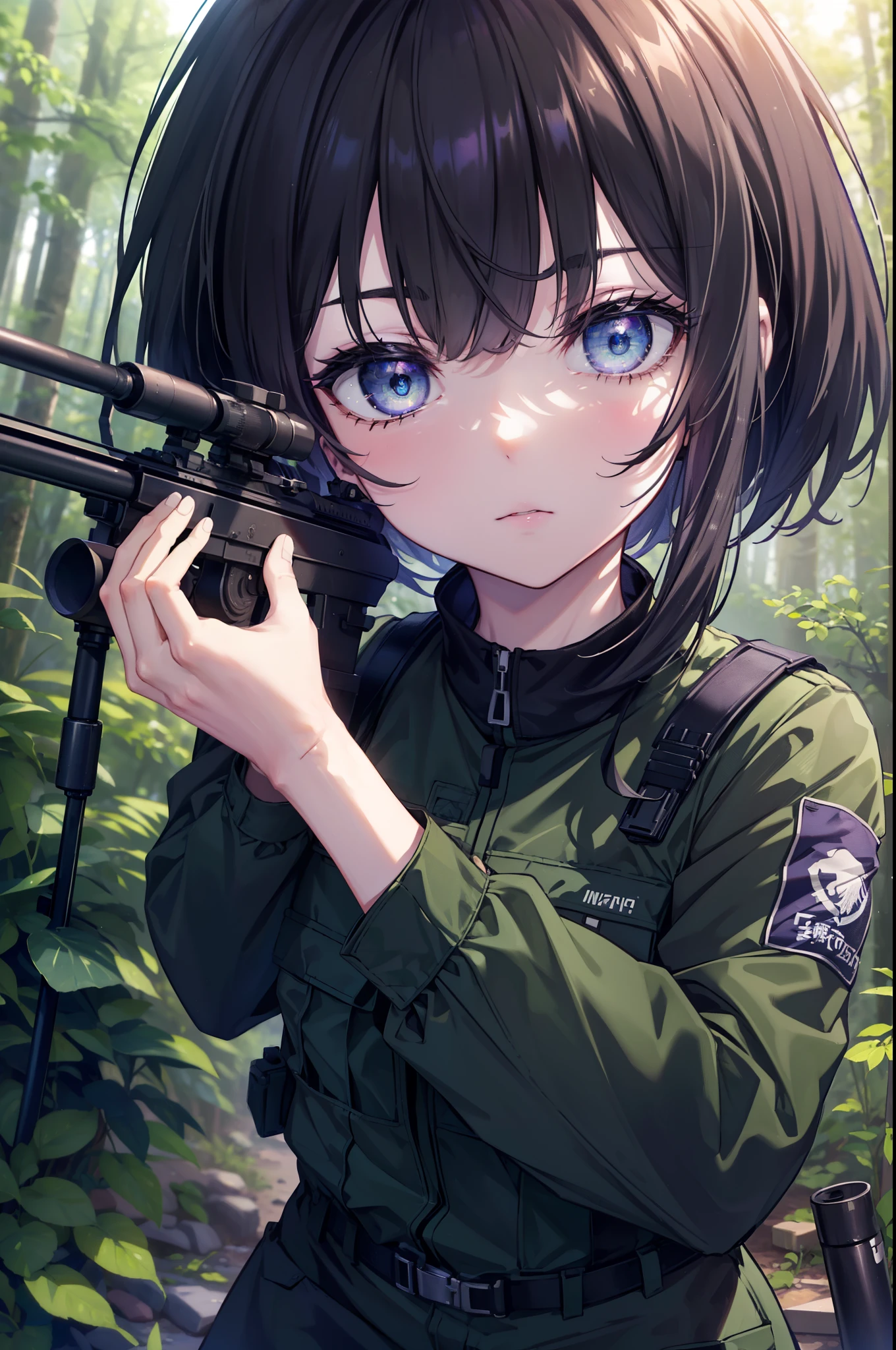 Takiuchi Kame, check it out, short hair, bangs,  black hair, (purple eyes:1.2),((sniper rifleを構える)), ((Bolt-Action Rifles),arms, gun, holding sniper rifle, camouflage,sniper rifle, holding, holding sniper, 50caliber,  camouflage, uniform, 
break outdoors, forest,forest林,dense forest,
break looking at viewer, (cowboy shot:1.5),
break (masterpiece:1.2), highest quality, High resolution, unity 8k wallpaper, (figure:0.8), (detailed and beautiful eyes:1.6), highly detailed face, perfect lighting, Very detailed CG, (perfect hands, perfect anatomy),