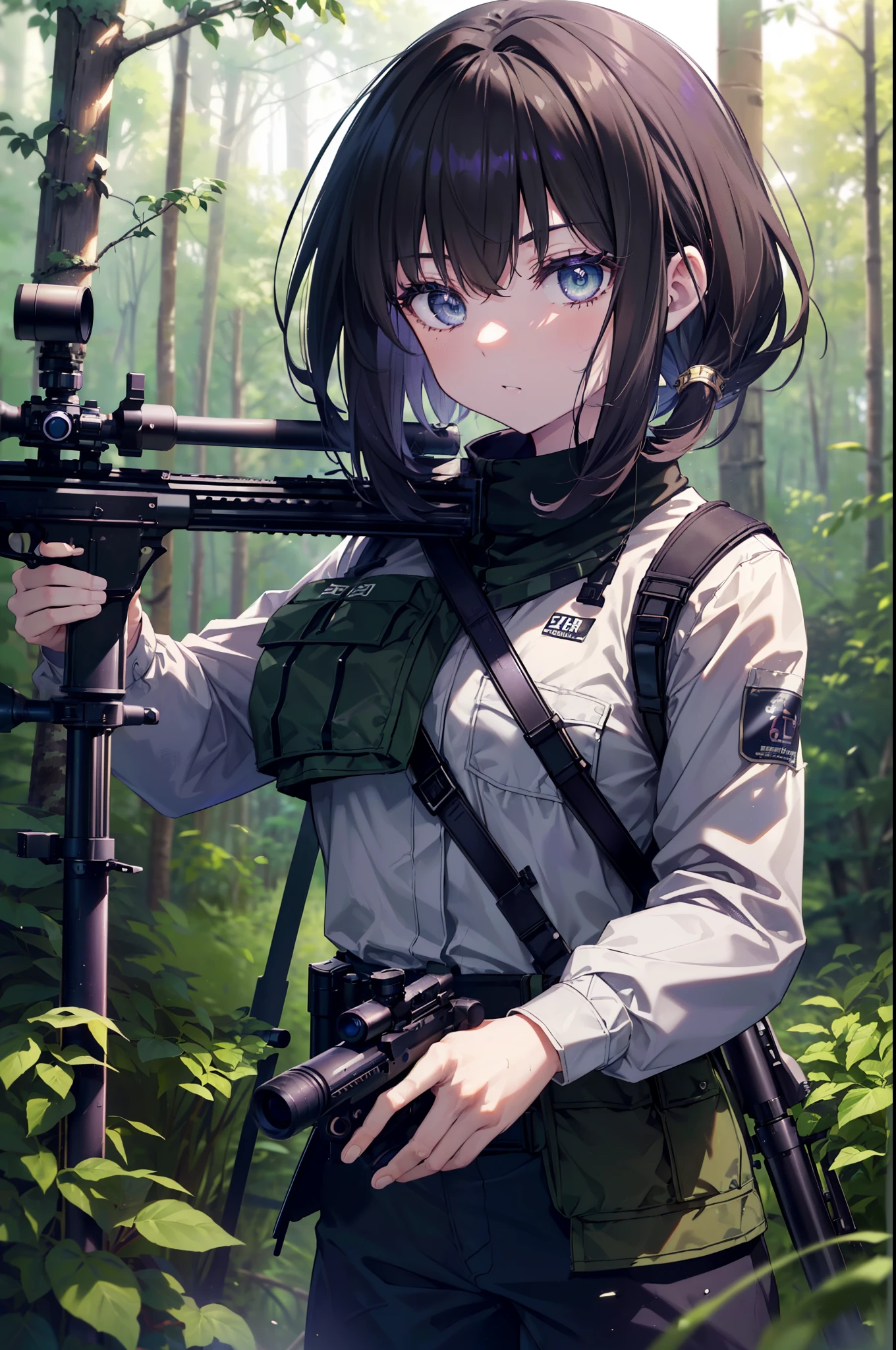 Takiuchi Kame, check it out, short hair, bangs,  black hair, (purple eyes:1.2),((sniper rifleを構える)), ((Bolt-Action Rifles),arms, gun, holding sniper rifle, camouflage,sniper rifle, holding, holding sniper, 50caliber,  camouflage, uniform, 
break outdoors, forest,forest林,dense forest,
break looking at viewer, (cowboy shot:1.5),
break (masterpiece:1.2), highest quality, High resolution, unity 8k wallpaper, (figure:0.8), (detailed and beautiful eyes:1.6), highly detailed face, perfect lighting, Very detailed CG, (perfect hands, perfect anatomy),