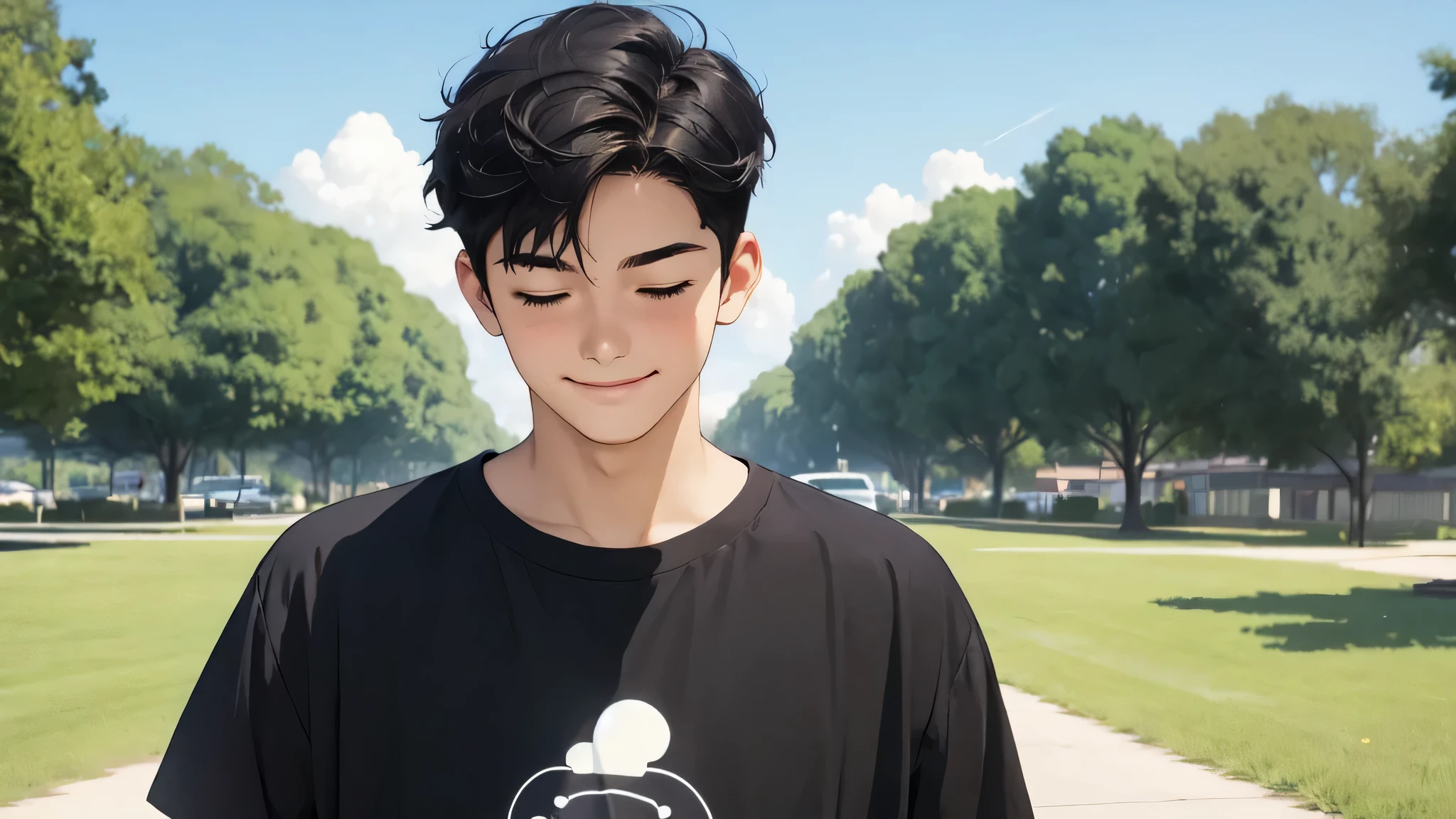 best quality, masterpiece, detailed, very short black hair, closed eyes, a smile all over one's mouth, 1man, male, 20 year old, animelook, black tshirt, further away from viewer, a reflection in the sun, Cloud and Sky Background