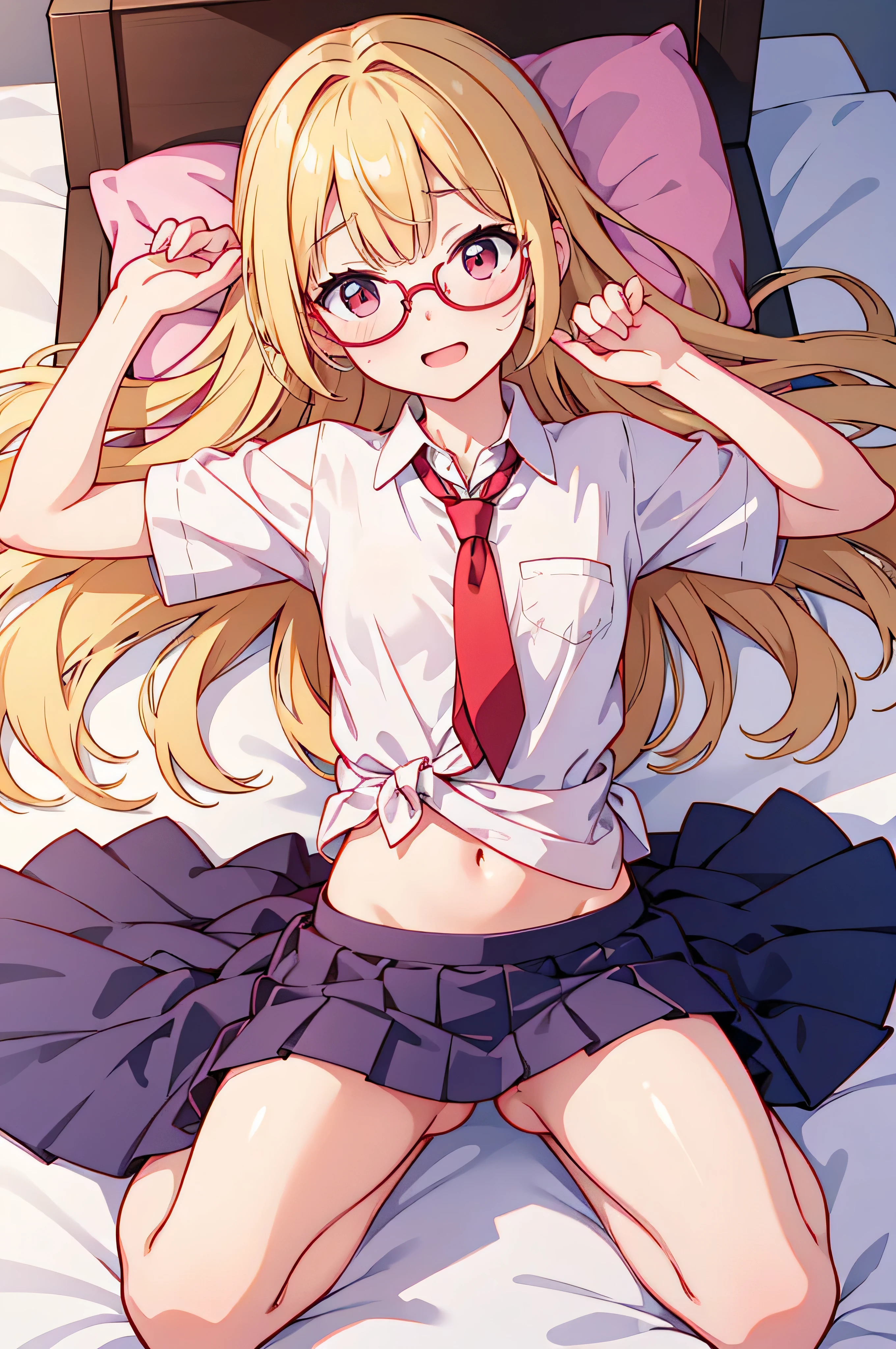 (((highest quality)))、beautiful girl、blonde、semi-long、Fair skin、red eyes、wood grain、Red Rim Glasses、small breasts、delicate、pink uniform、pleated skirt、tie、lying face up in bed、hold 1'feet、裸feet、Skirt can be rolled up、spread legs、No panties、pussy、during sex、evening、dark room、love juice、Creampie、panties taken off、Normal position、Front opening、good、おpussyにペニスを挿入、smile、A system that accepts with open arms