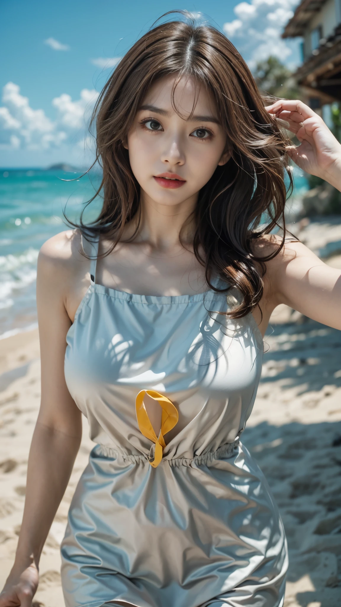 1 woman 40 years old、((Bright brown hair))、curl hair、（the wind is blowing strongly）、Sandy beach with strong sunlight、thin fabric dress、big breasts、