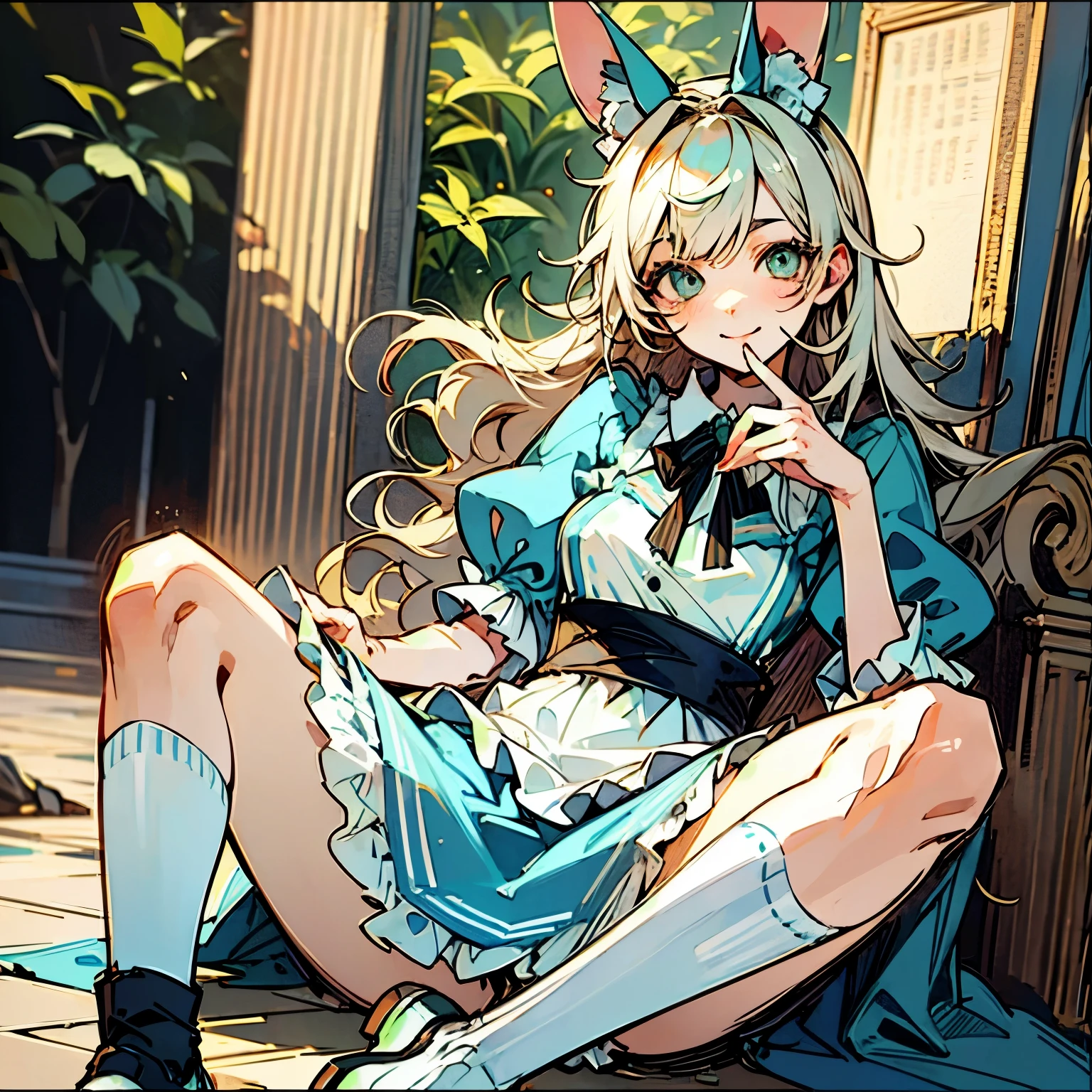 {{masterpiece}}, {{{highest quality}}}, artbook, Are you okay_art_parody, Unbelievably_disorganized, realistic, photograph, Improve, long hair, silver hair, bangs, detailed and beautiful eyes, aqua eye,  aqua eye, pink eyeshadow, big breasts,Chubby、 have, 白いブラウスとミニスカートとapronを着ている, apron、floral sheer socks:1.2, white athletic shoes, Sony Alpha 7R IV で撮影,Lovely,showing off her panties to the viewer、wearing small plain panties、I don&#39;t have anything in my hand、accurate anatomy、precise fingers、smile、garden、Tea cup、black tea、Tea party、alice in wonderland、Our Lady、Sleeping on the ground、eyes closed、Big rabbit