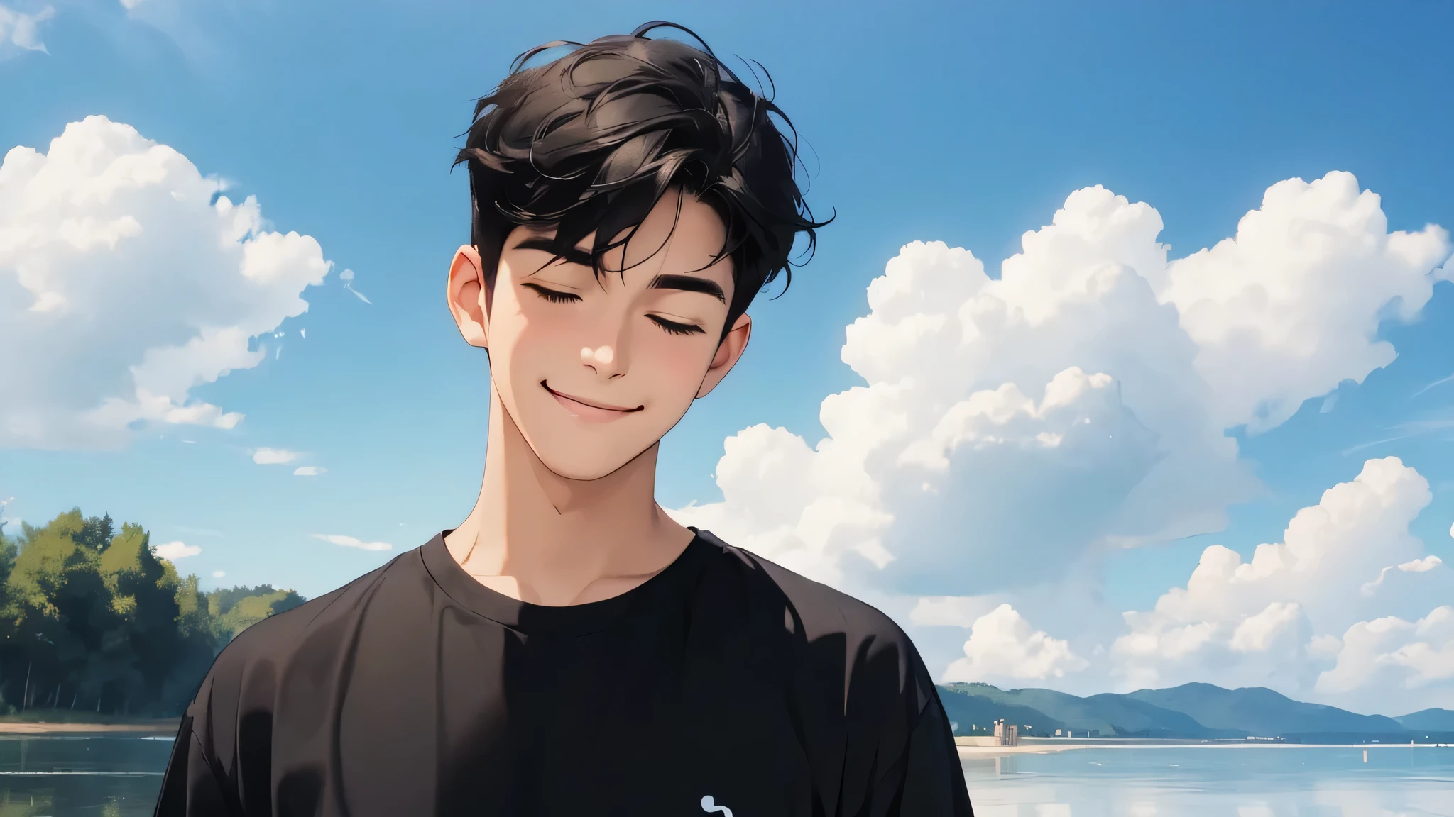 best quality, masterpiece, detailed, very short black hair, closed eyes, a smile all over one's mouth, 1man, male, 20 year old, animelook, black tshirt, further away from viewer, a reflection in the sun, Cloud and Sky Background