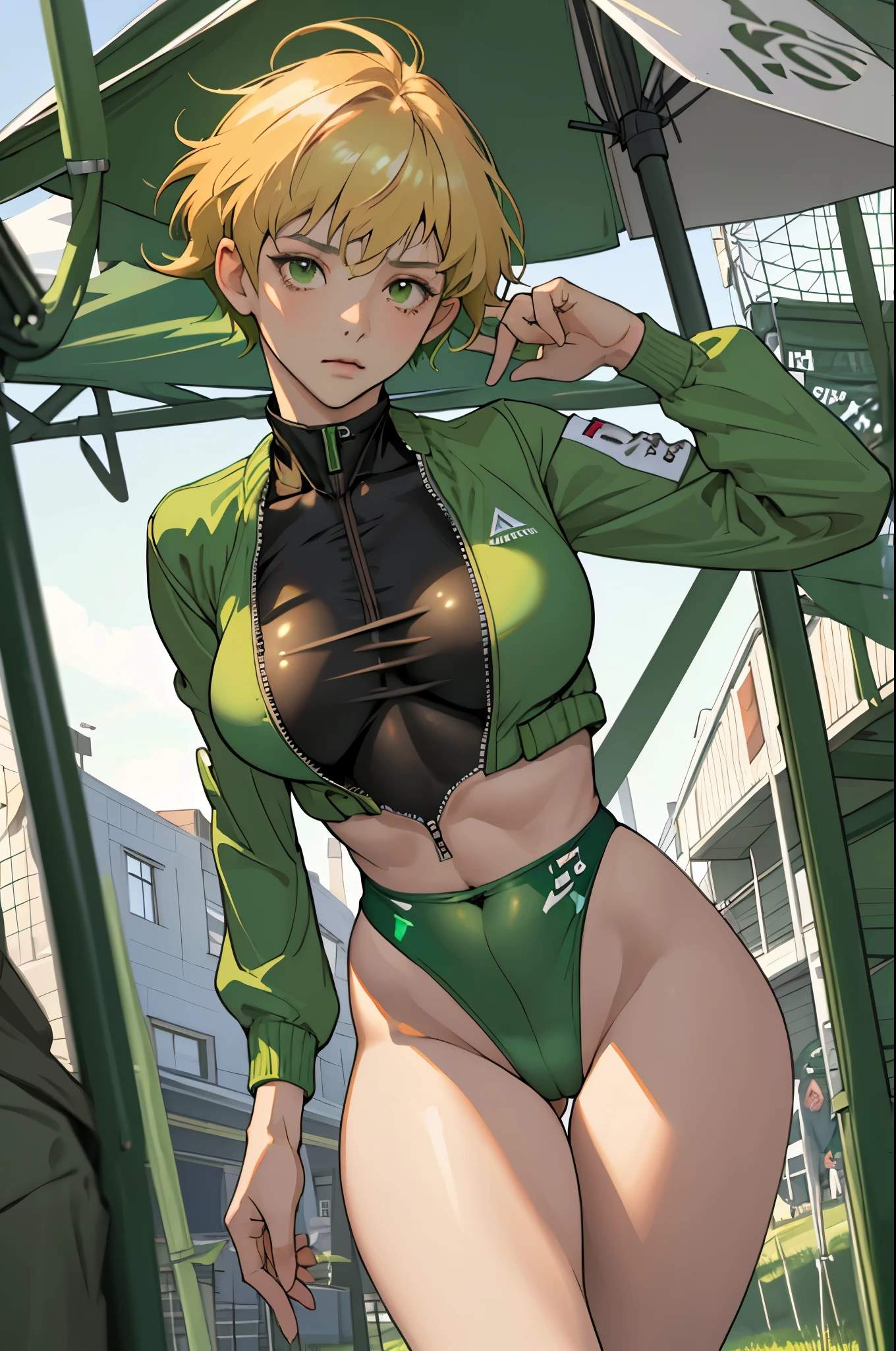 masterpiece, highest quality, High resolution, 1 girl, ticker, short hair, big breasts, race_Queen,green leotard, Jacket, embarrassing,closed mouth, field,
