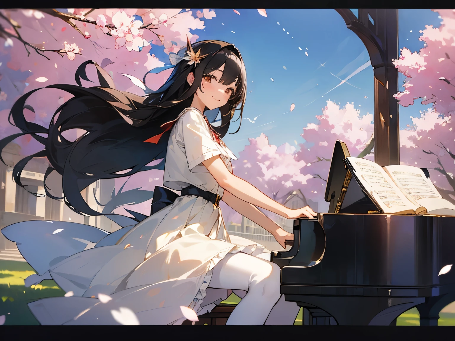 ((masterpiece、Super detailed、intricate detailedium quality、An illustration))、1 girl、solo、high resolution、look at viewer、black hair、long hair、wave roll、smile、Wearing a T-shirt、wearing long white stockings、wear short skirts、street、Cherry tree、petals dance、play piano、sunlight shines in、solar system、feminine、powerful、beautiful、Detailed