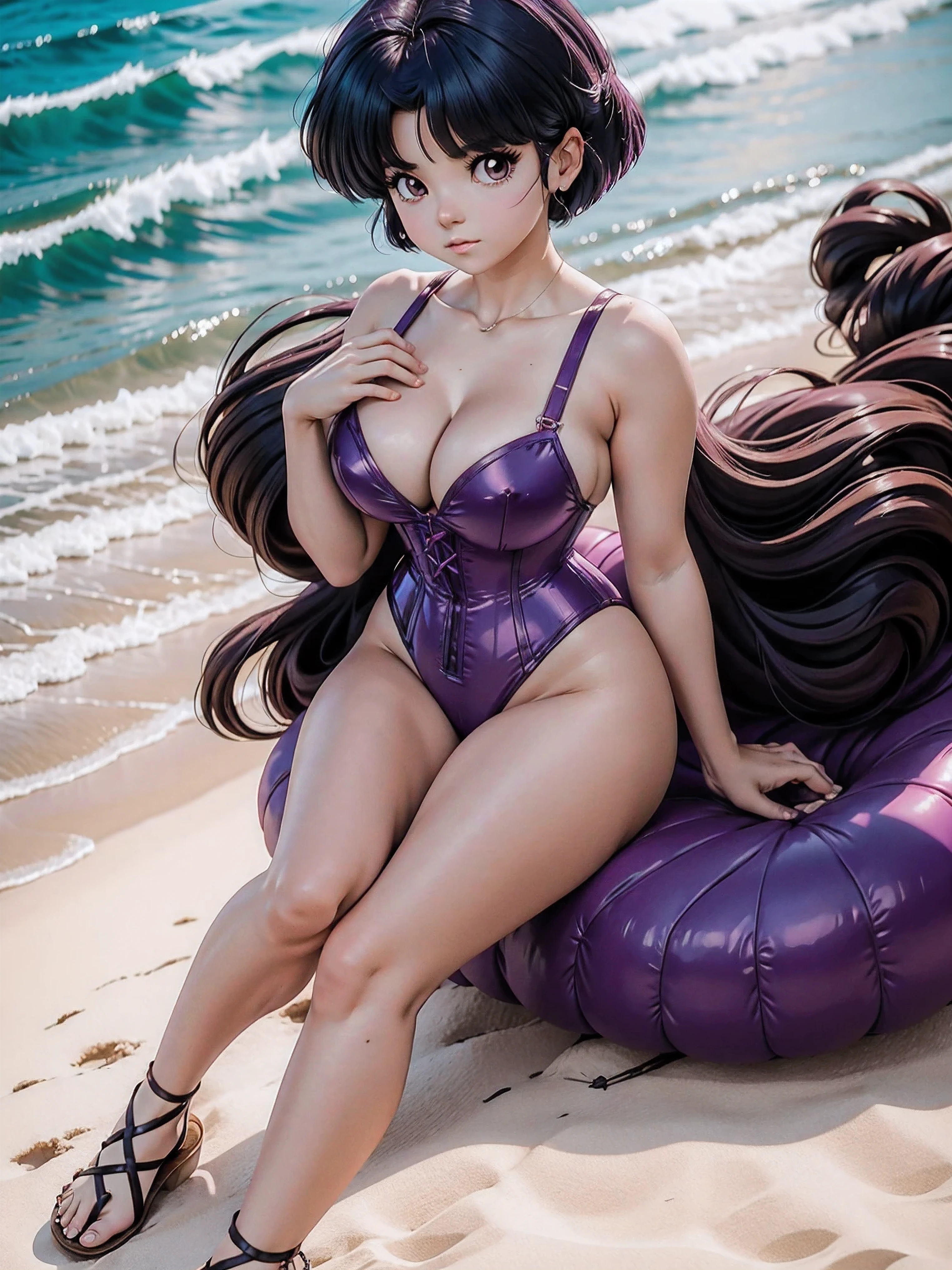 Dark hair anime girl with pink swimsuit and corset, 16 anos, corpo bonito, seios grandes, com as hands on chest, hands on chest, Garota sexy, purple cabelo, mechas de cabelo laterais, mechas de cabelo na lateral do rosto, beautiful lighting, sombras suaves, olhos azuis, pernas bonitas, cabelo curto, estilo anime, personagem Akane Tendo, Autora Rumiko Takahashi, Baseado em obra de Rumiko Takahashi, Anime Ranma 1/ 2, decote sexy, quadril robusto, corpo inteiro, corpo inteiro, busto grande, garota jovem com corpo belo e bonito, sandals on his feet, garota 16 anos jovem, usando maiô e corset pink, garota anime, estilo anime, beautiful feet in sandals, 45° viewing angle, ao ar livre, peito grande, seios bonitos, cabelo preto, sandals on the feet, pernas bonitas, sexy, belas pernas, Sandalias, seios grandes, corpo completo, corpo inteiro, feet with sandals, realistic anime, saia, saia purple