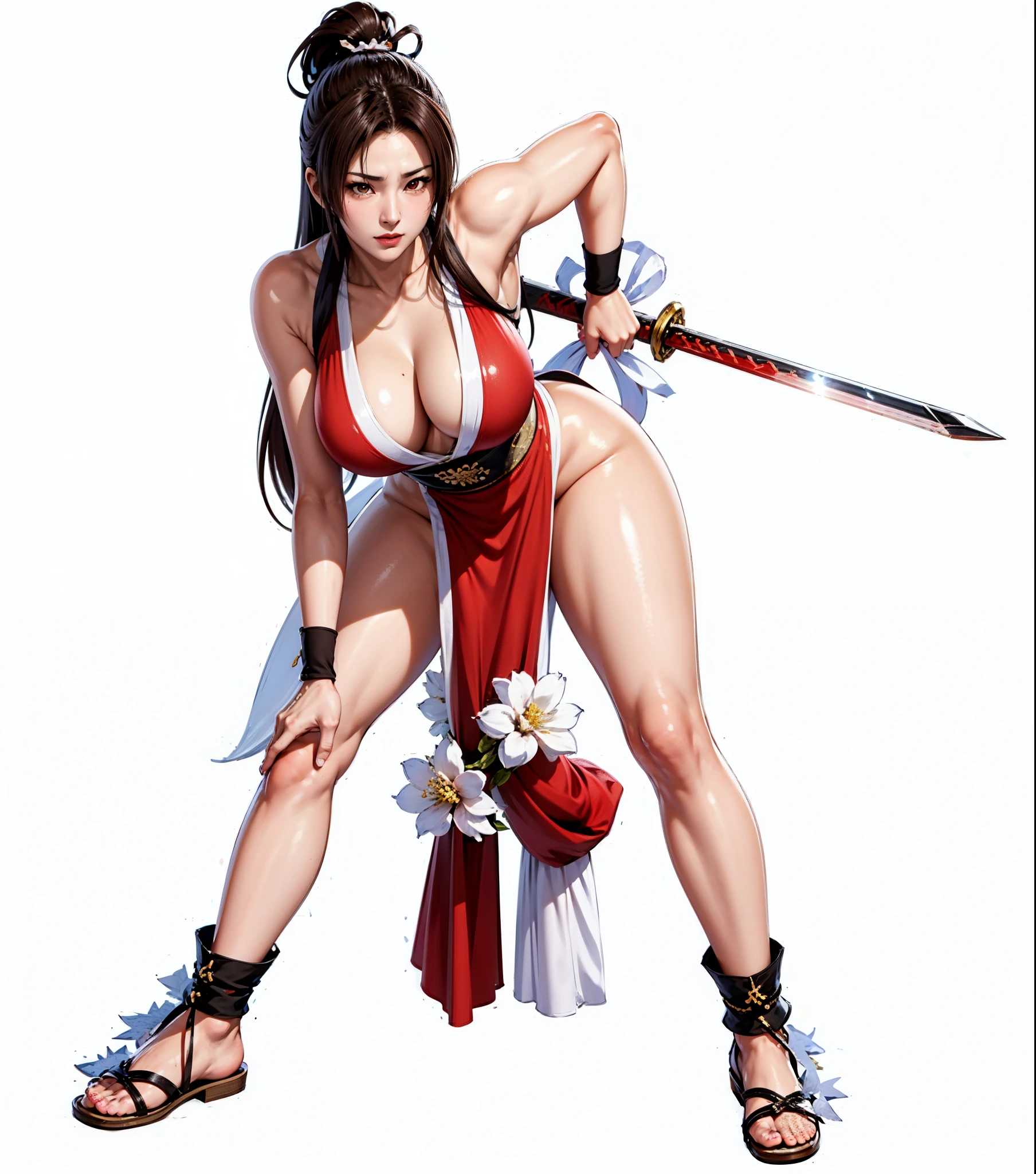 Replace the people in the picture，Close-up of a woman wearing red clothes holding a sword, Mai Shiranui, yoko matsugane as Mai Shiranui, King of Fightersrole in, she is ready to fight, fighting game characters, as《King of Fighters》role in, heroine,Strike a fighter pose