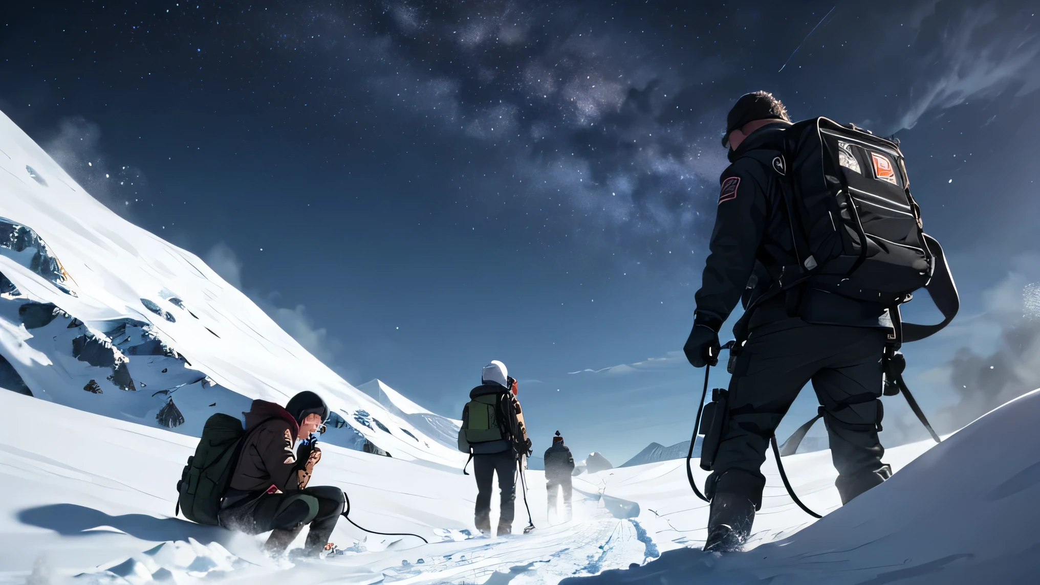 A group of male soldiers stand on the snow，Talk to each other，Sharply defined，Good facial features