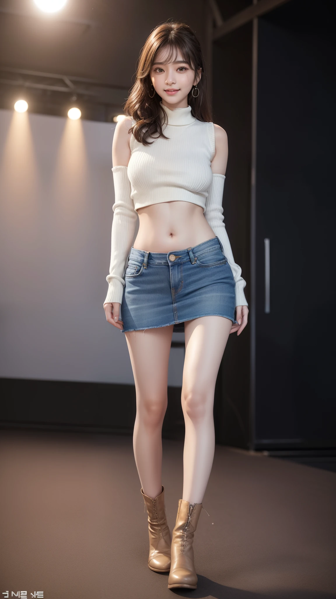 8k, table top, Raw photo, highest quality, realistic, Wallpapers with extreme details CG Unity 8k, Depth of the bounds written, cinematic light, Lens flare, ray tracing, (very beautiful face, beautiful lips, beautiful eyes), face with intricate details, ((ultra detail skin)) 1 girl, (Korean model Kim Da-eun, Dhoni), (Korean model Kim Da-eun, Dhoni), (Korean model Kim Da-eun, Dhoni), (Korean model Kim Da-eun, Dhoni), (Korean model Kim Da-eun, Dhoni),1 girl, ((look up at the audience)),(A big smile:1.3), (blurred background), faint light), (no people in the background.:1.3), beautiful earrings, clear eyes, front shot, (pale skin), (Big eyes), (Big eyes) (Big eyes), (Big eyes), (Big eyes), facing forward, (full body shot), (light brown hair), おopen the navel............, (look up at the audience:1.3), small hips, small hips,small hips, thin waist, small hips, ((wide open abdomen))、((open abdomen))、((wide open the navel))、((open the navel))、((naked belly))、((midriff sweater))、((Super low-rise、denim mini skirt))、 ((Navel exposed))、((small hips))、((full body description))、((small hips))、(boots)、((Super low-rise))、 ((denim tanding))、