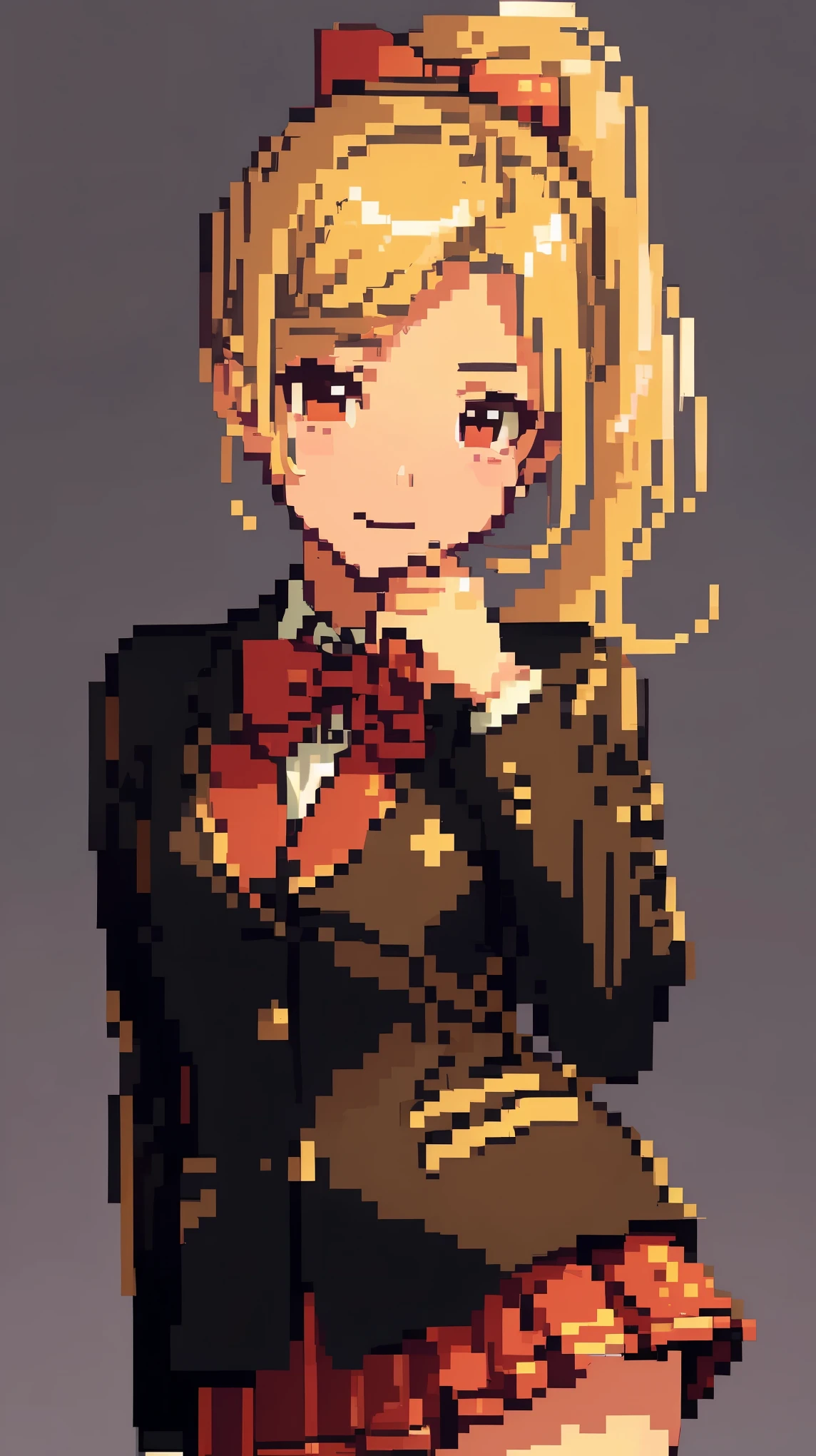 concept:A pixel art piece of a beautiful woman.。 quality:(最高quality, 4k, High resolution, masterpiece:1.2), Super detailed, (real, photorealistic:1.37), illumination:cinematic light, Bright colors and mesmerizing effects, 柔らかく繊細なillumination, gentle shine, Lens flare, Beautiful and gentle atmosphere throughout the scene, Subject information:alone, ((young woman)), (round eyes), (small face), (high detail skin:1.2), long eyelashes, glossy lips, (blonde, high ponytail, brown eyes), (slim body shape), Highly detailed face and skin texture, (happy expression), ((facing the front:1.2)), (upper glance:1.5, photo shootのためポーズをとる, sexy pose), (((red bow tie, high school uniform:1.2, black jacket, open jacket, white shirt, red plaid skirt, seductive thighs))), Other details:white background:1.5, standing pose:1.2, beautiful skin, shiny skin, perfect fingers, five fingers, anatomically correct, background bokeh, 500㎜, f/4, photo shoot,