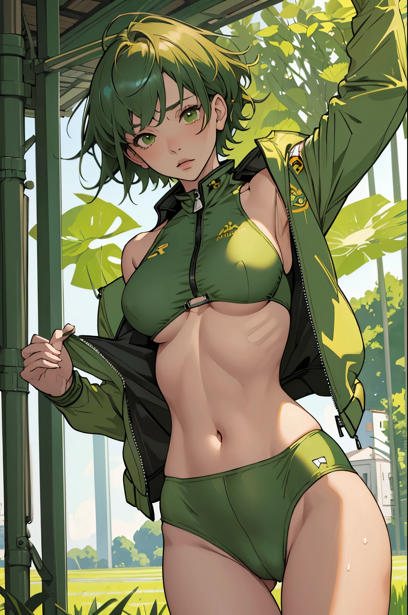 masterpiece, highest quality, High resolution, 1 girl, ticker, short hair, big breasts, race_Queen,green leotard, Jacket, embarrassing,closed mouth, field, 