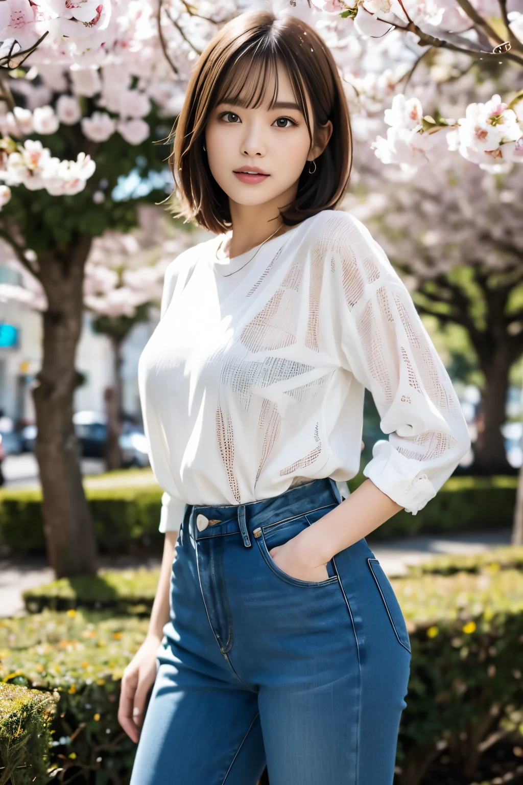 (((garden:1.3, spring, Photographed from diagonally in front))), ((medium bob:1.3, denim pants, black knit, japanese woman, cute)), (clean, natural makeup), (highest quality, masterpiece:1.3, 超High resolution), (Super detailed, caustics), (realistic:1.4, RAW shooting), very detailed, High resolution, 16K resolution