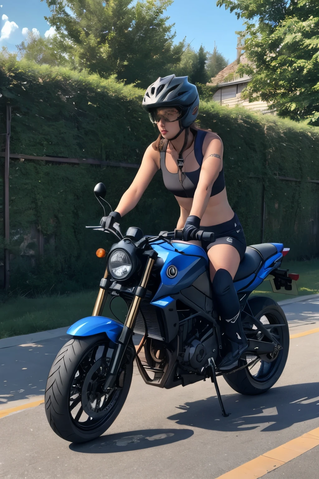 A sexy girl who is not wearing no bra and shirt is sitting on BMW S 1000 RR racing bike with 8K quarlity